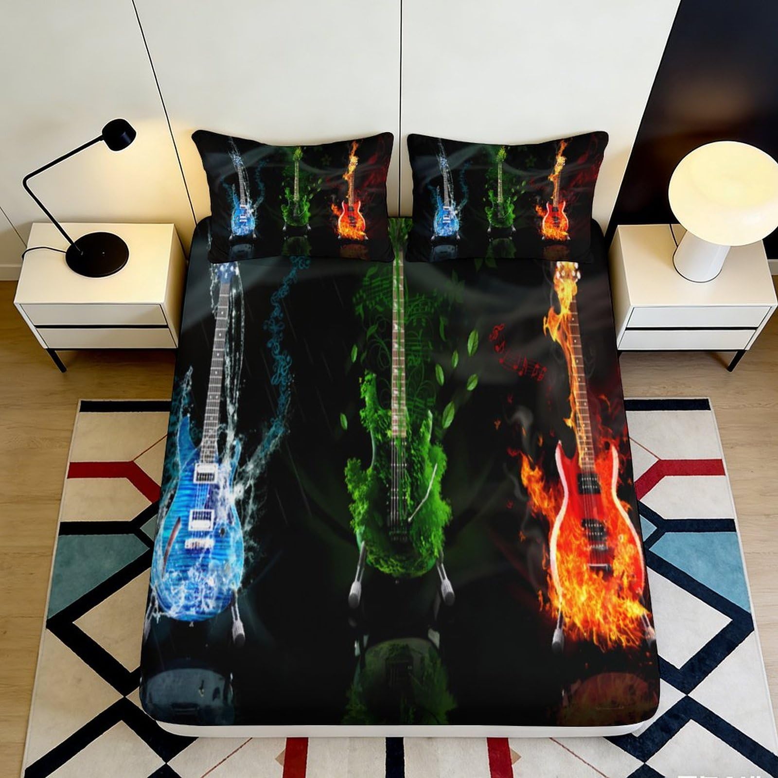 3D Printed Flaming Guitar Fitted Sheet Microfiber Soft Durable Electric Guitar Mattress Cover for Bedroom Dorm Dormitory Guest Room Protection 200x200x25cm