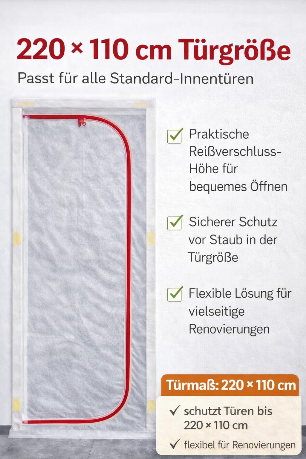 Staubschutztür 220x110 cm aus extrem starkem Spezialvlies – Reißfeste Bautür wiederverwendbar mit robustem Reißverschluss – Staubdichte Schmutzschleuse für Sanierung, Bau & Renovierung +KEIN IMPORT+
