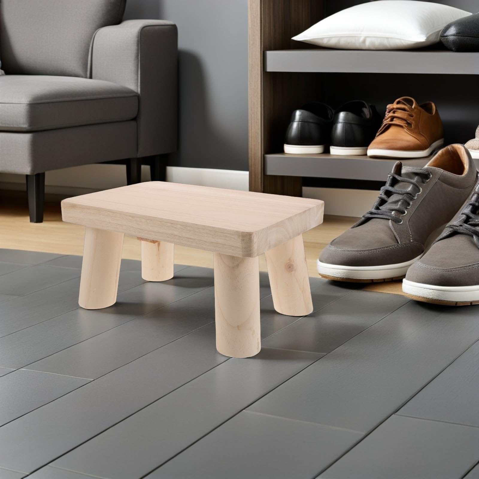Housoutil Sgabello Basso in Legno Rustico per Piante, Beige, Rettangolare