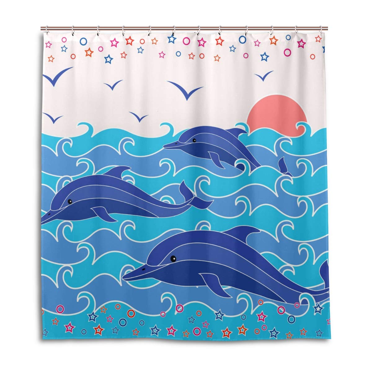 Amazon Samau シャワーカーテン イルカ柄 アニメ 海 おしゃれ 防カビ 防水 バスカーテン 浴室カーテン 目隠し ユニットバス 洗面所 取付簡単 リング付属 165ｘ180 シャワーカーテン ホーム キッチン オンライン通販