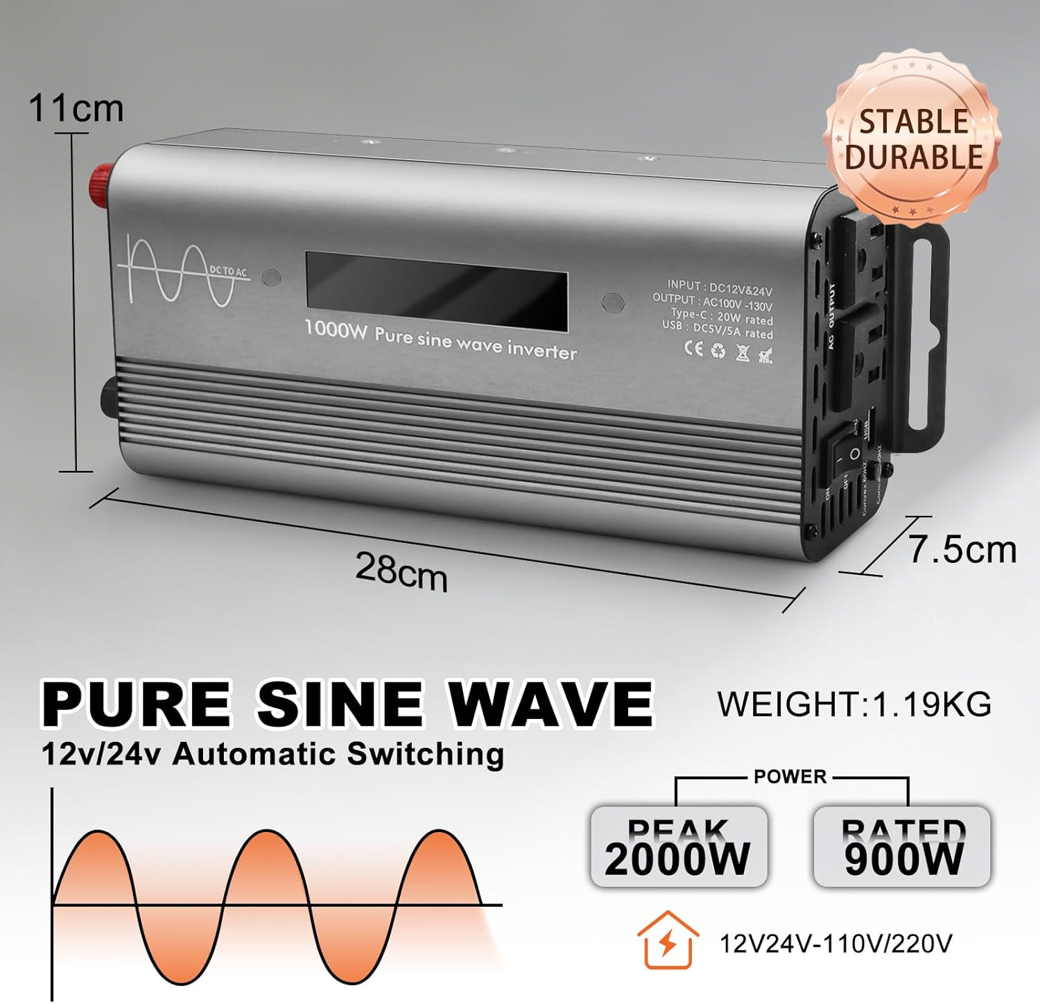 1000W Pure Sine Wave Power Inverter with Digital Display,Dual AC Outlets & Fast Charging USB/Type-C,12V/24V to 110V AC Converter with Overload Protection for Car RV Truck Home Camping