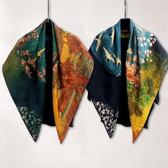 HangErFeng Women Scarf Silk Fragrant Cloud Yarn Square Chinese Paint Pattern Double Printed Multicolor Shawl 872 onesize