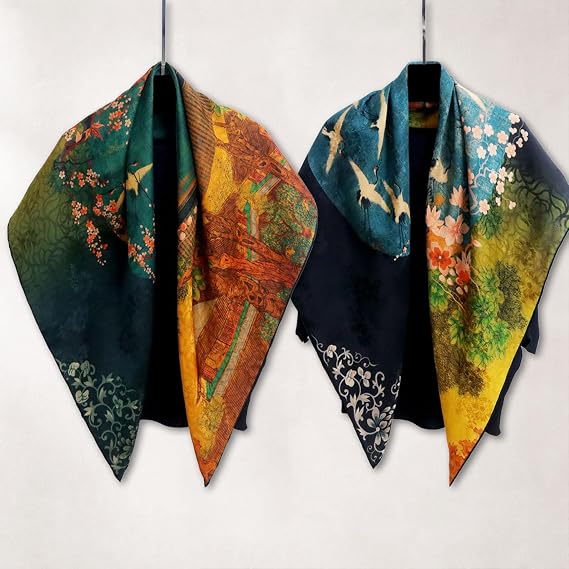 HangErFeng Women Scarf Silk Fragrant Cloud Yarn Square Chinese Paint Pattern Double Printed Multicolor Shawl 872 onesize