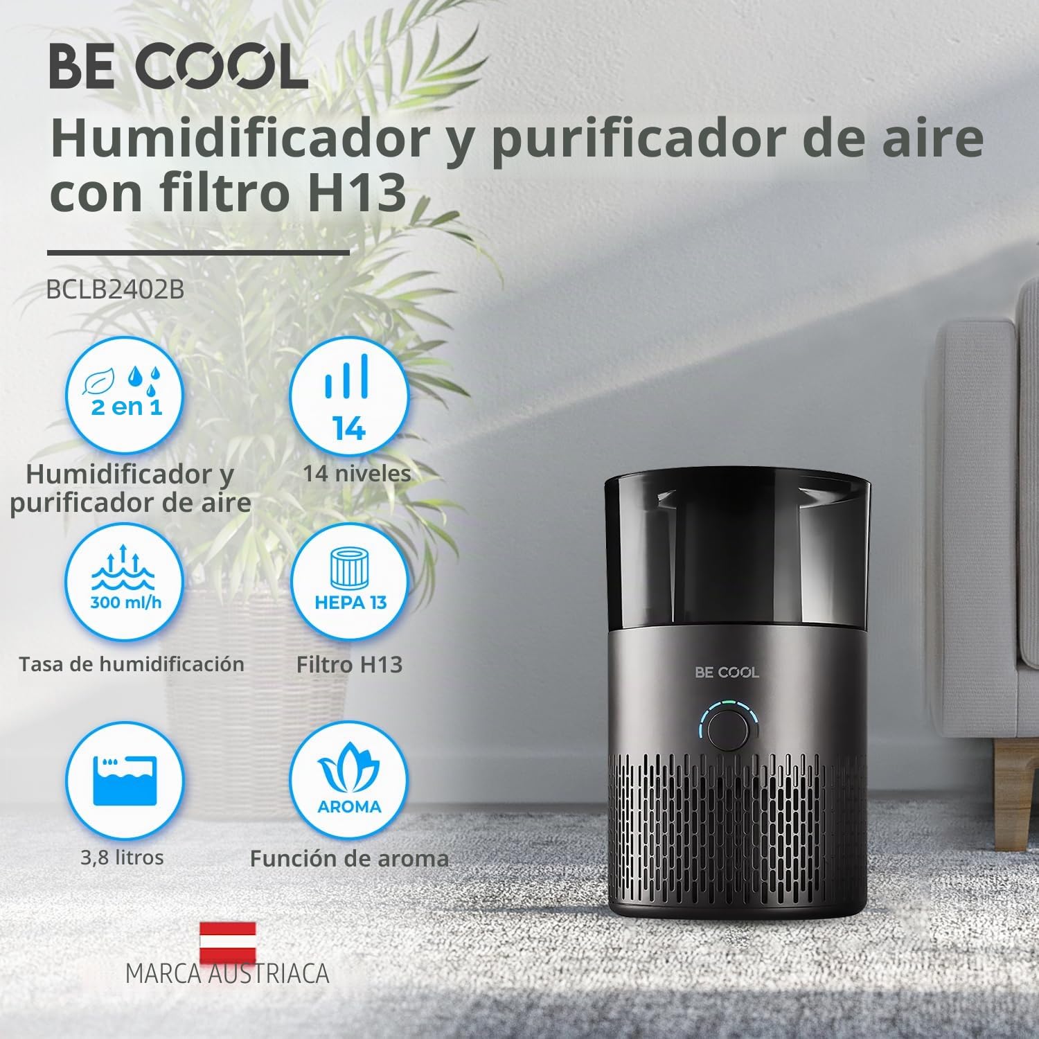 Be Cool Humidificador – aire caliente y frío – 7 niveles de humedad ajustables/rotación de 360 ° – 12 horas de tiempo de funcionamiento, silencioso, depósito de 5 litros/negro
