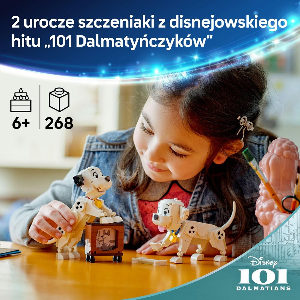 LEGO ǀ Disney Classic 101 dalmatyńczyków — Szczeniaczki Szczęściarz i Penny, zabawka konstrukcyjna, pomysł na prezent dla 6-latki, dziewczynki i chłopca, fanów klasycznych filmów i piesków 43271