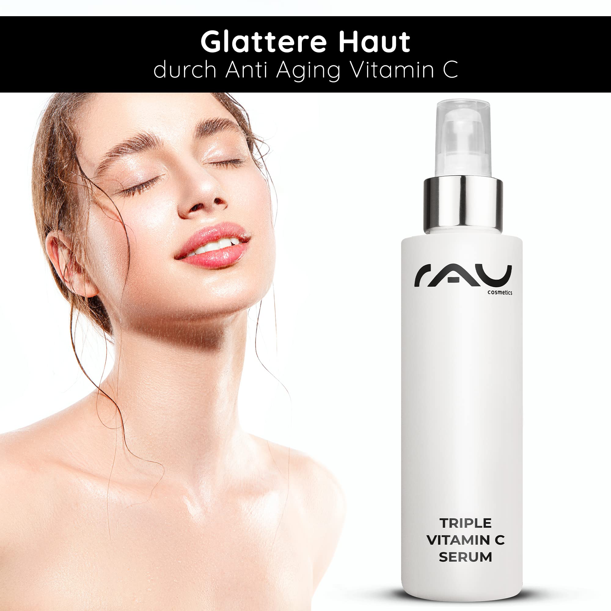 RAU Cosmetics Triple Vitamin C Serum 100 ml - Gesichtsserum mit 3-fach Vitamin C & Irish Moss Alge - Anti-Aging Pflege für Strahlenden Teint & Ebenmäßige Haut - Vegan, Made in Germany