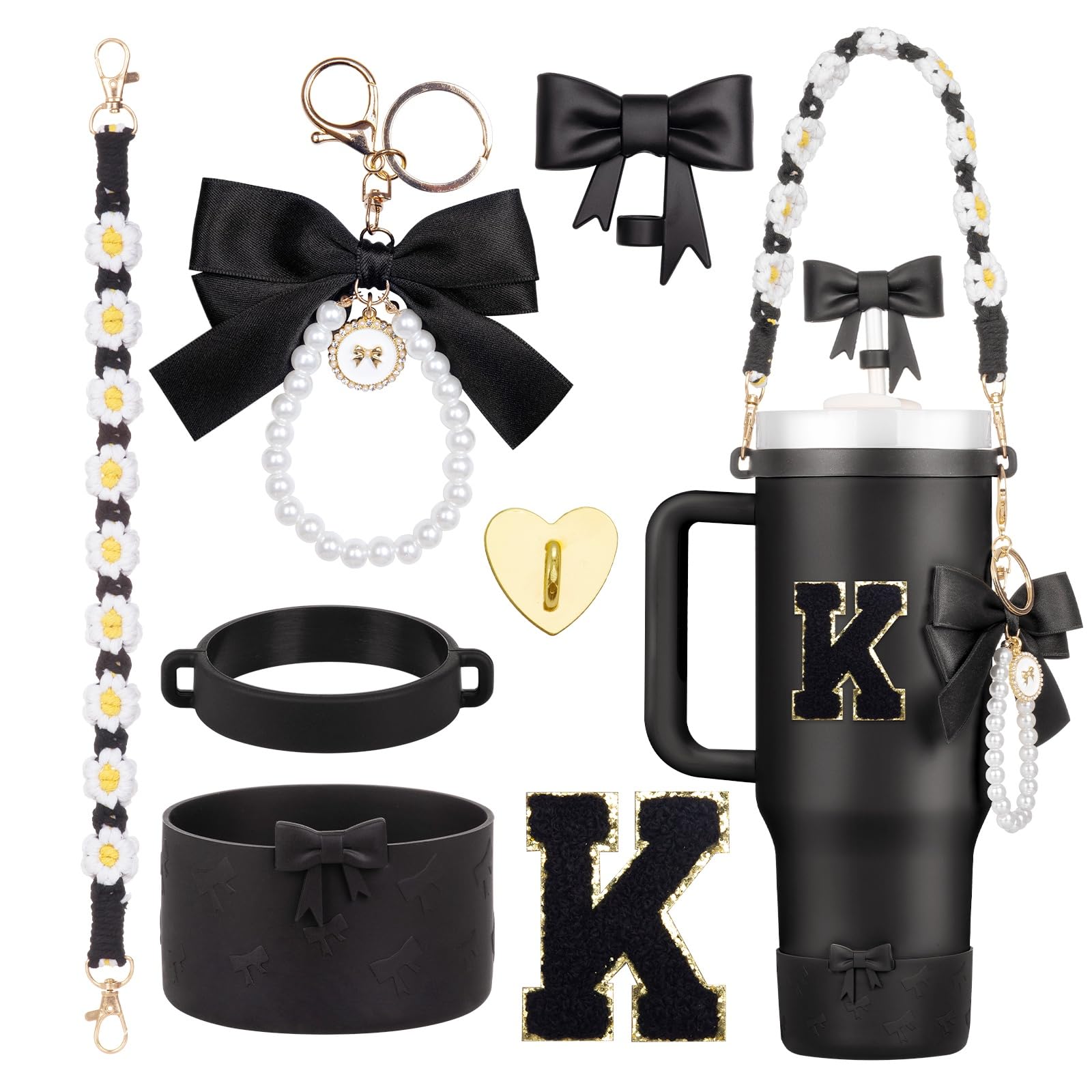 Rabrgab 7Pcs Black Stanley Cup Accessories for 40Oz 30Oz 20Oz, Women Teen Girls Gifts, Stanley Tumbler Cup Decoration with Straw Topper, Bow Charm,