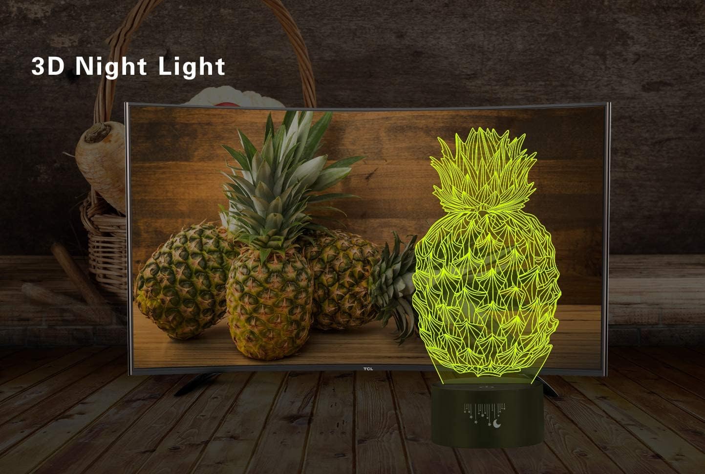 Pineapple Lights, 3D Night Light for Kids, 7 Colors Touch Table Desk Lamps, LED Vision Illusion Lighting with USB, Baby Bedroom Sleep Lamp, Birthday Party Holiday Gifts for Children