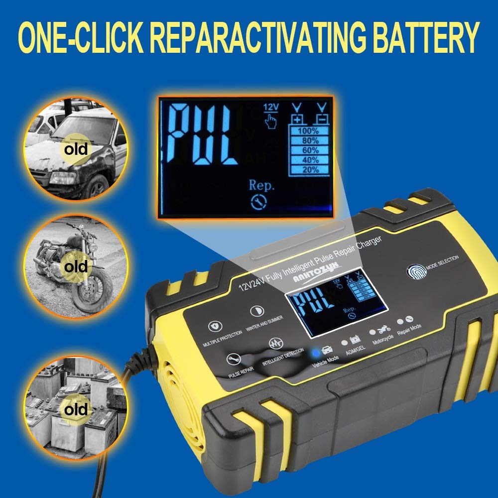 Ładowarka do akumulatora samochodowego, ładowarka samochodowa 12 V, w pełni automatyczna ładowarka do naprawy 12 V-24 V 8 A, cyfrowy wyświetlacz na mokro, suche akumulatory, ładowanie