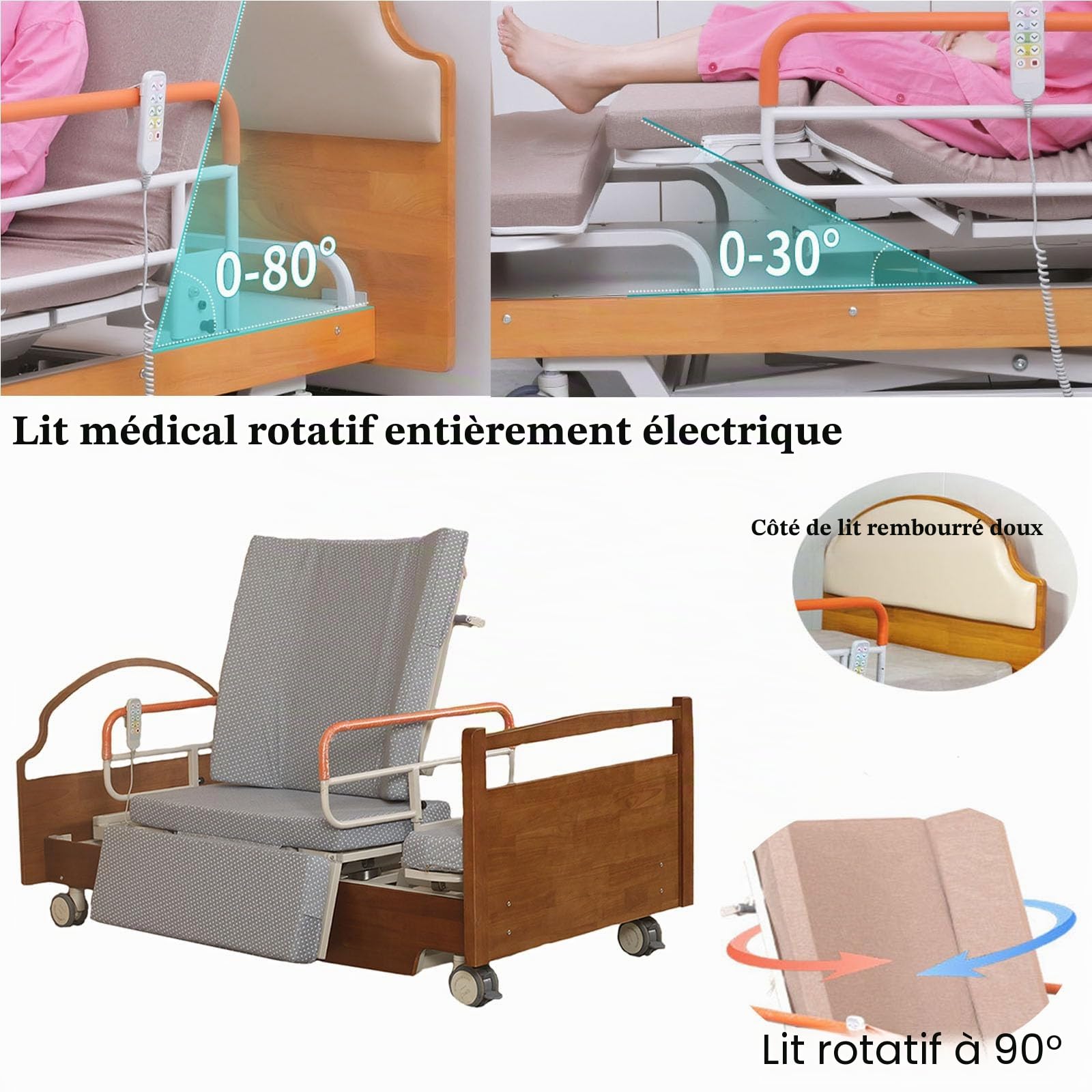 Lits d'hôpital avec 8 Fonctions de Rotation, lit médicalisé entièrement électrique avec Inclinaison latérale, Aide-Soignant à Domicile avec Roues silencieuses jusqu'à 240 kg