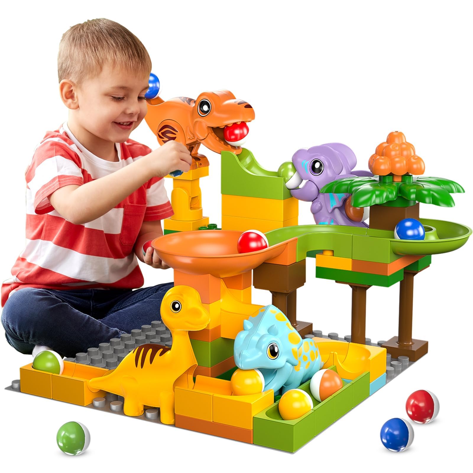 Marble Runs for Kids 4-8,Marble Run for Kids Ages 3-5 with Dinosaur Building Blocks,Dinosaur Toys,STEM Building Toys with 4 Marble Track Compatible with Major Brands