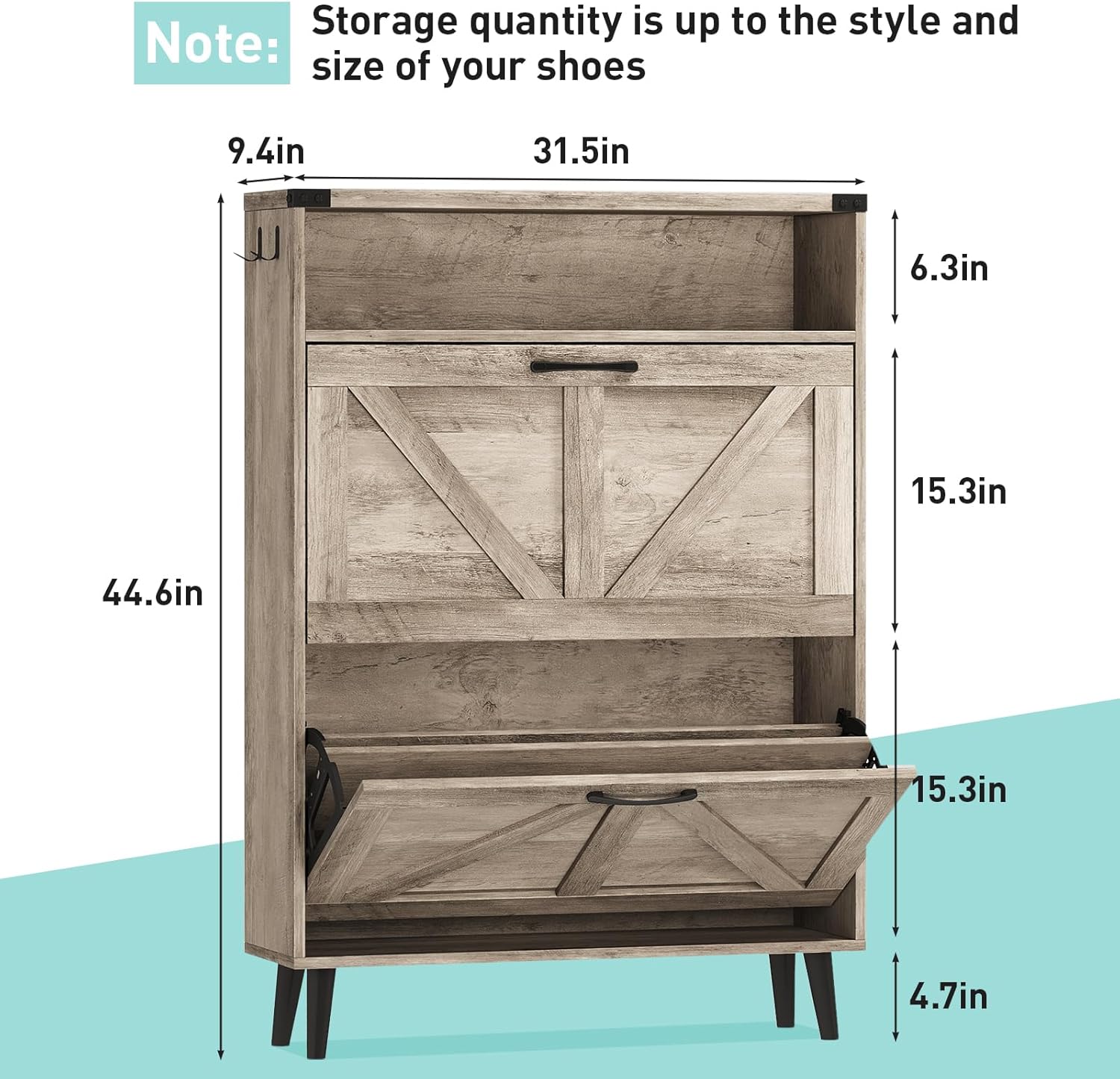 Vabches Shoe Storage Cabinet with 2 Flip Drawers,Freestanding Narrow Shoe Organizer with Open Storage,Hidden Slim Shoe Rack Cabinet for Entryway,Hallway,Grey