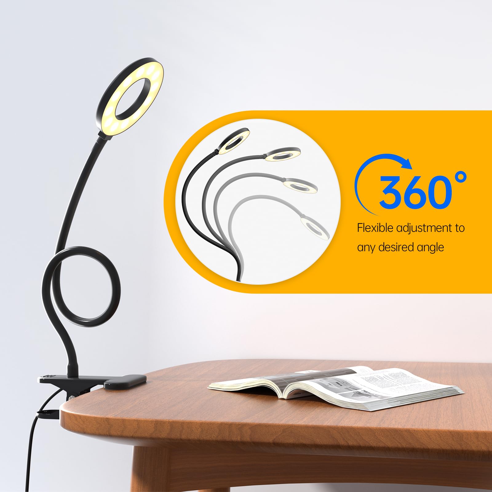Aisutha Leselampe, Schwanenhals Leselampe Bett Augenschutz Klemmlampe mit 3 Modi & 10 Dimmstufen, 40cm Klemmleuchte für Büro Heimgebrauch, Schreibtischlampe Inklusive Adapter, Schwarz