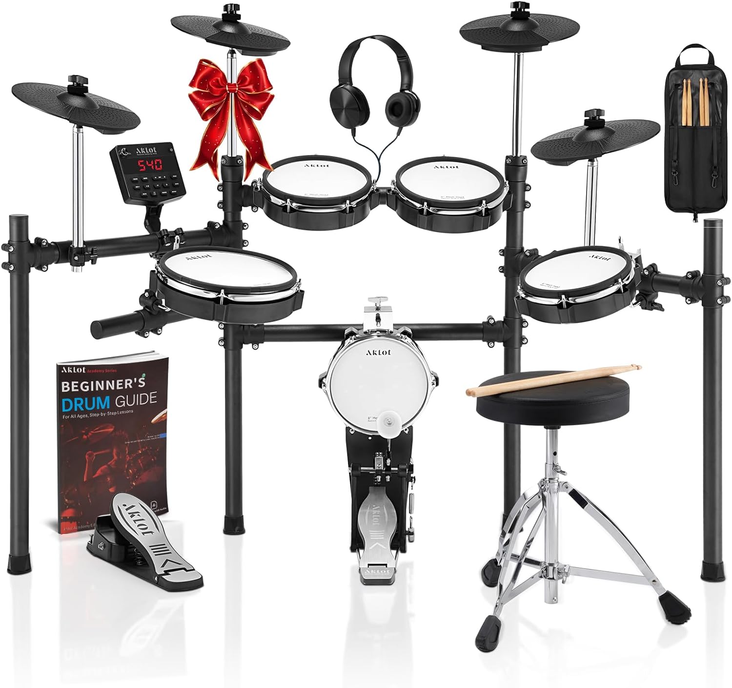 AKLOT Electric Drum Set with Kick-Tower: 4 Dual Zone Mesh Pads, 8’’ Tower-Style Kick Drum, 10’’ Snare, Dual Zone 10’’ Cymbals with Choke, 360 Sounds, User Kit, USB-MIDI, Throne, B-CORE 540 Air, Black