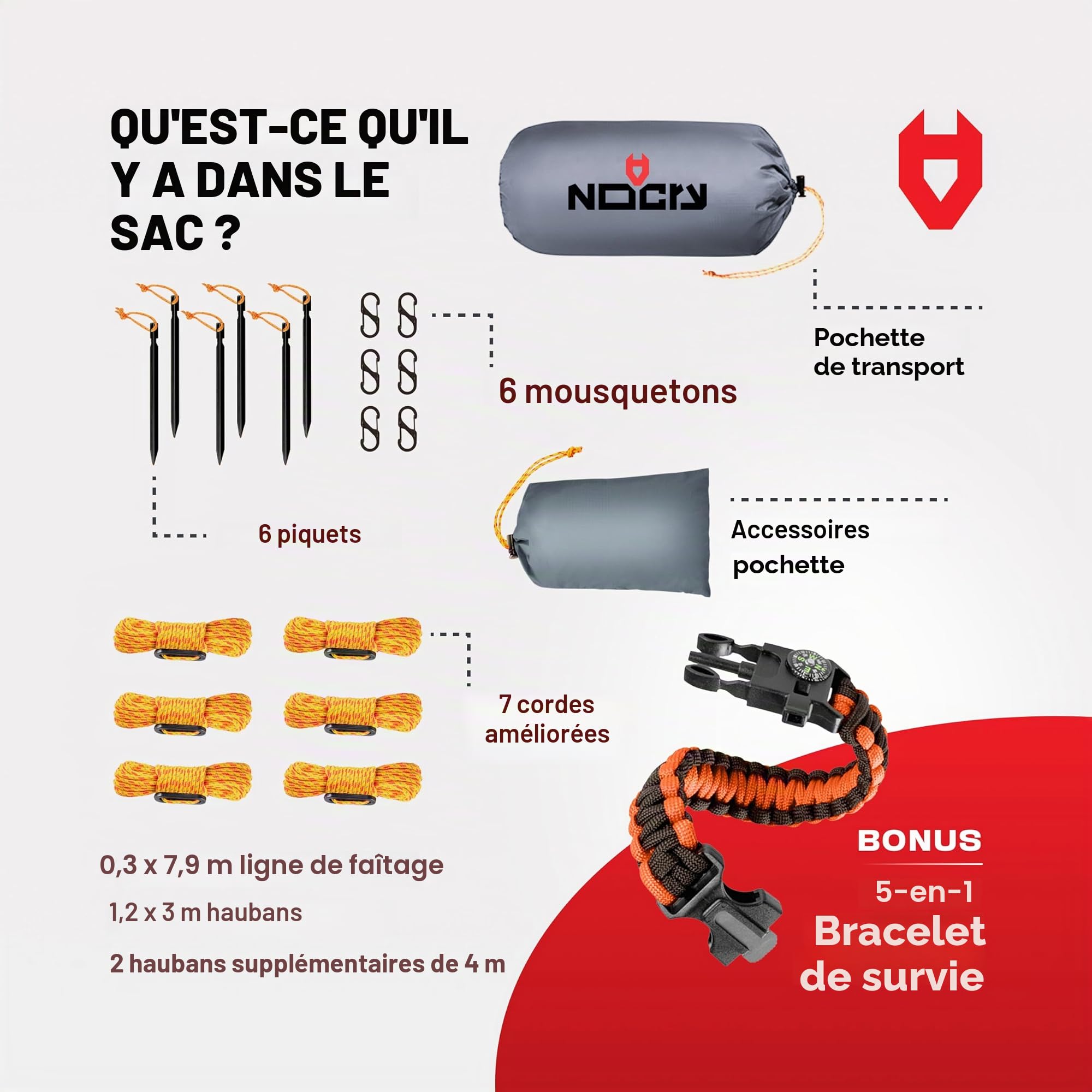 Rain Fly by NoCry Bâche de Tente Ultra légère 100% imperméable à l'eau 3,65 x 3 m Idéal comme bâche de randonnée ou bâche pour hamac Plusieurs Couleurs Disponibles avec Bracelet de Survie Gris