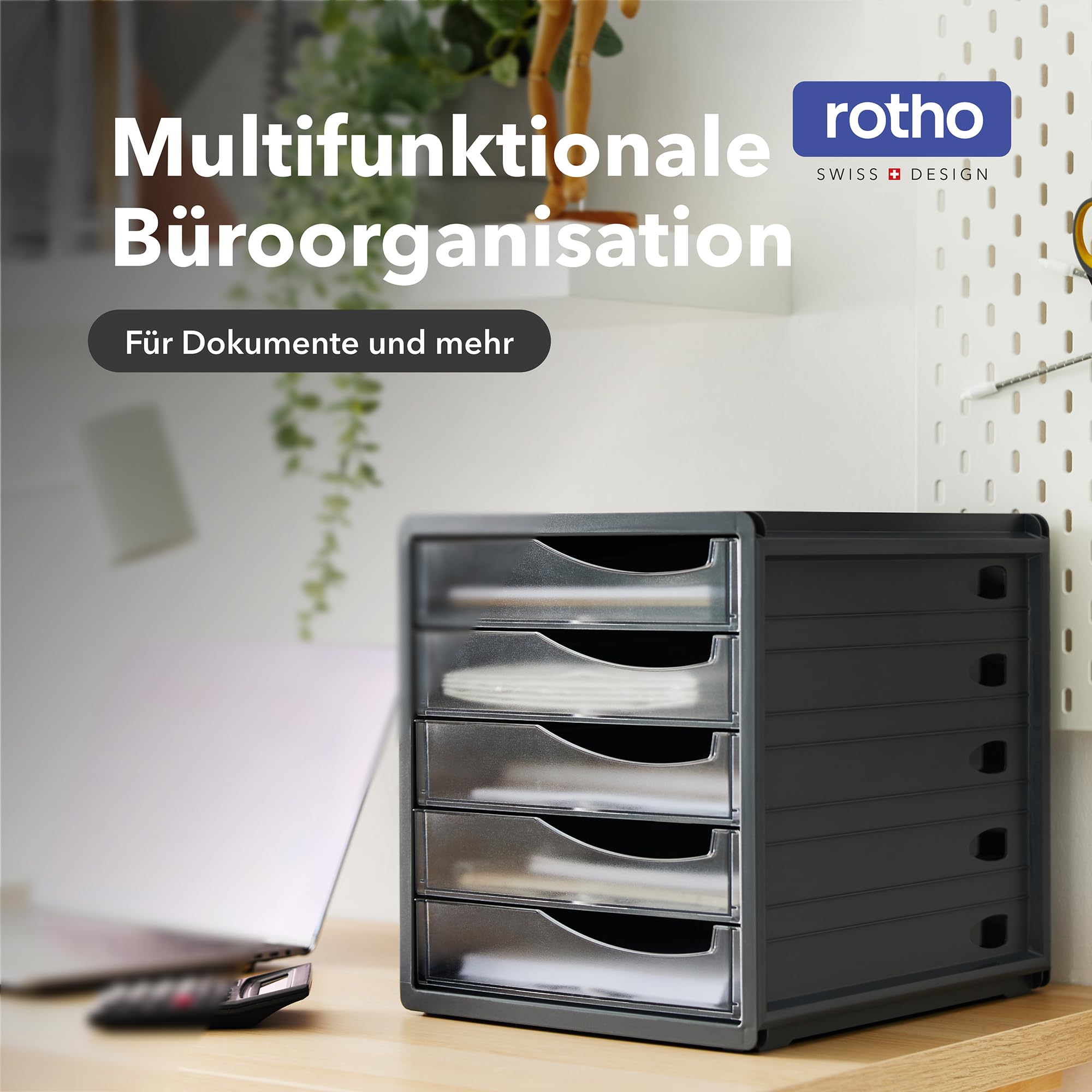 Rotho Spacemaker Schubladenbox / Bürobox mit 5 Schüben, Kunststoff (PS) BPA-frei, transparent/anthrazit, (33.5 x 28.5 x 32.0 cm)