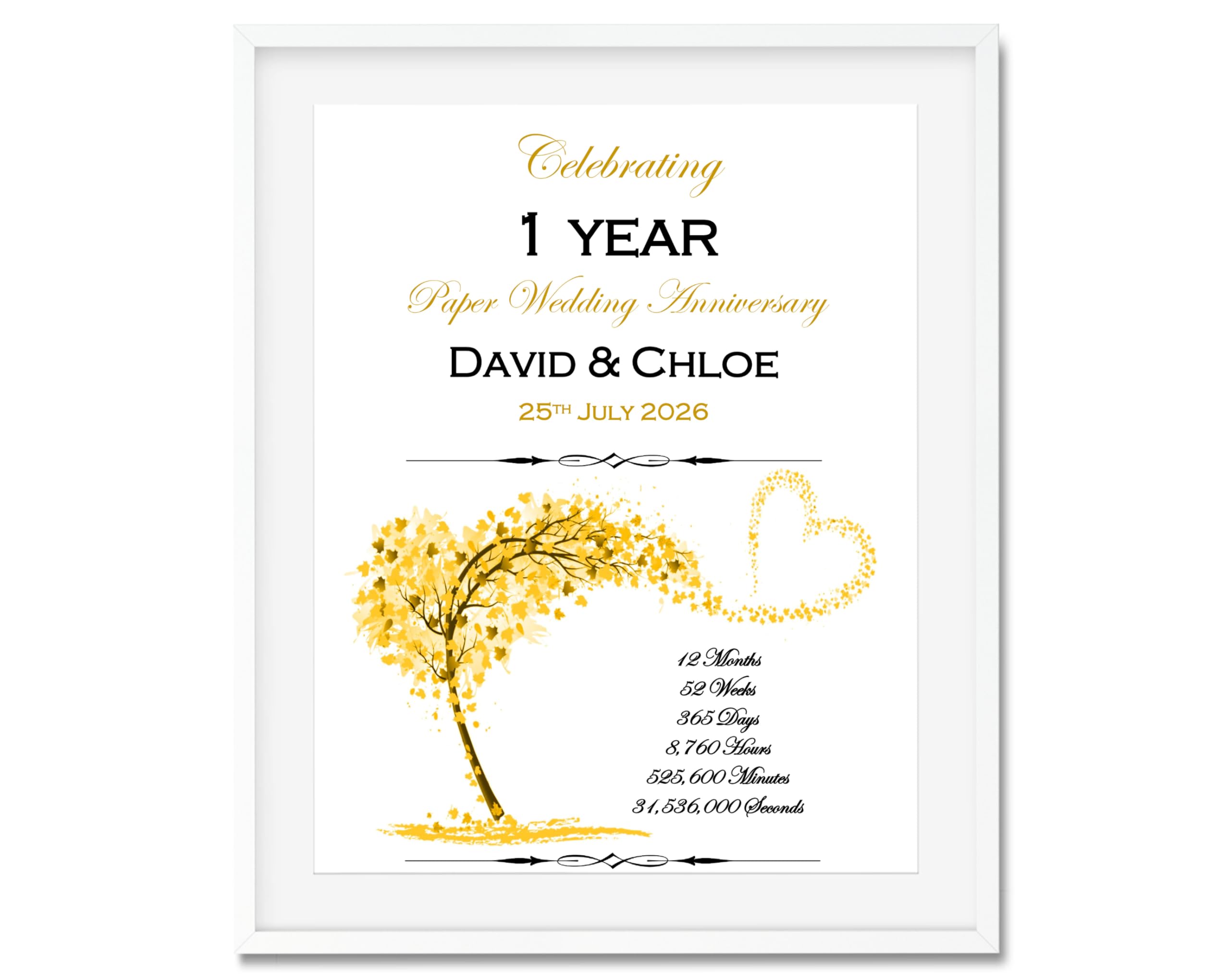 Butterfly Designs UK 1st Anniversary Paper 1 Year First Wedding Anniversary, Premium Print Picture A5, A4 & Framed Options Personalised Gift for Wife Husband Couple Friends (Sweeping Heart Print)