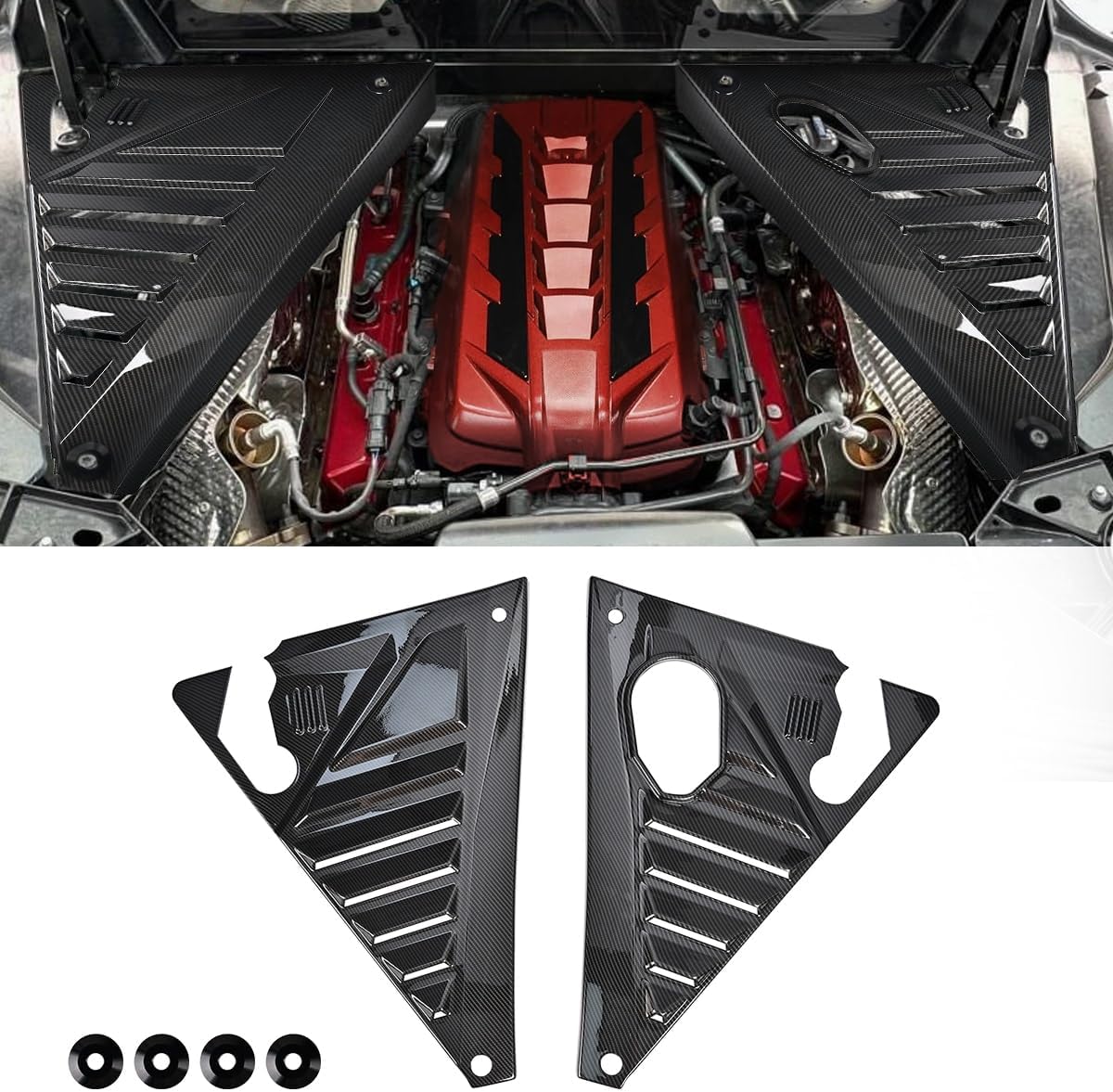 2Pcs Upgraded Rear Engine Bay Cover Package,Carbon Fiber Pattern Left Right Engine Filler Compartment Engine Case Guard Splash Shield Protector for Corvette C8 Stingray 2020-2024 for C8 Z06 2023+