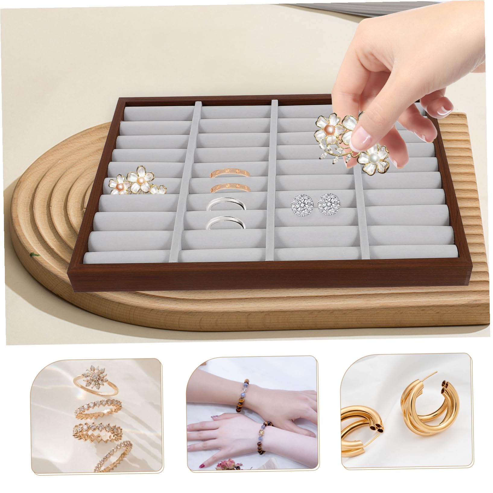 Plateau à Bijoux en Bois Marron pour Bracelets, Bagues, Petits Objets