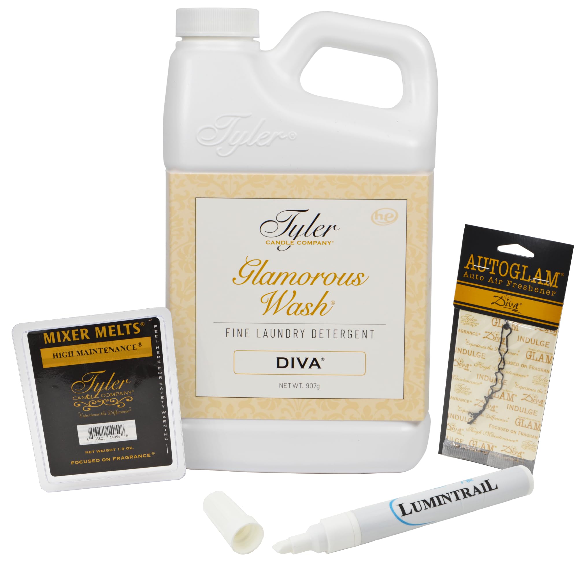 Tyler Candle Laundry Detergent Glamorous Wash, Diva 32 oz Bundle with Tyler Candle Mixer Melts, Autoglam Freshener, and Stain Remover Pen, (32111)