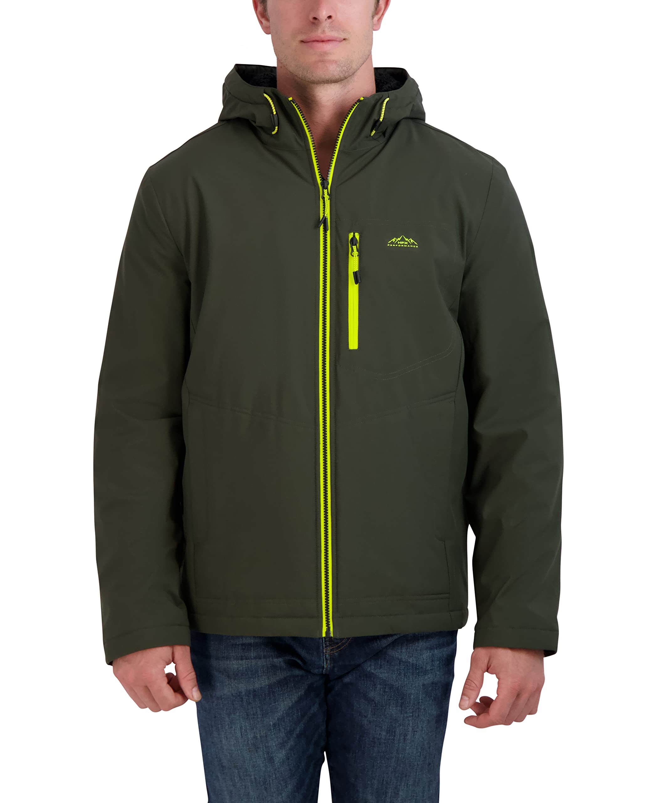 HFX Men's Water Resistant Softshell Jacket Long Sleeve Zip Up Sherpa Lined Hooded Coat