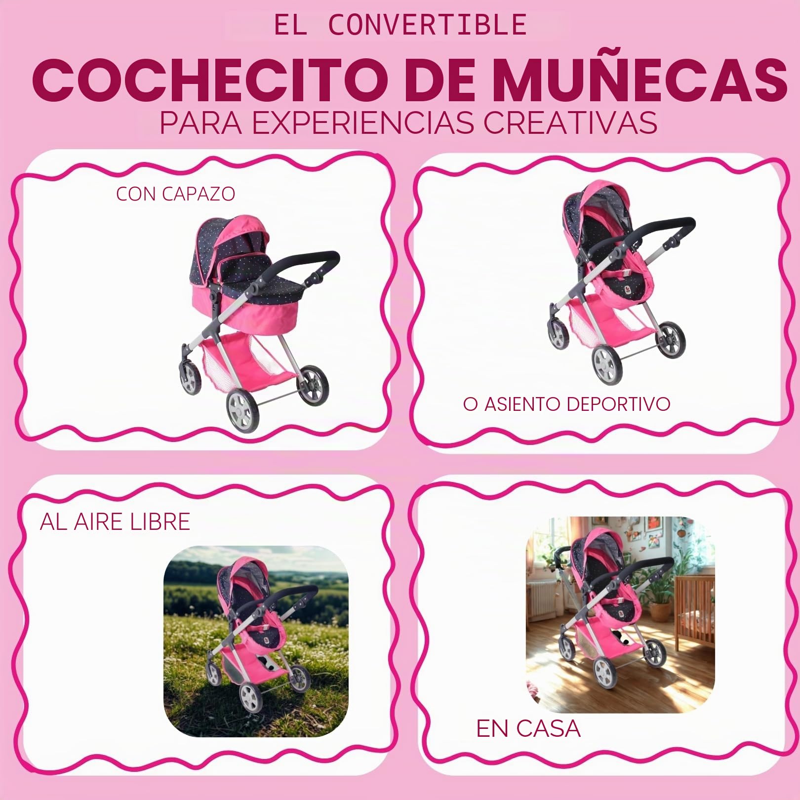 Bayer Chic 2000 Cochecito de muñecas Mila 2 en 1, Color Gris y Rosa, Mango Regulable en Altura de 39 a 72 cm, Estructura Moderna, muñecas de hasta 50 cm, 3-7 años