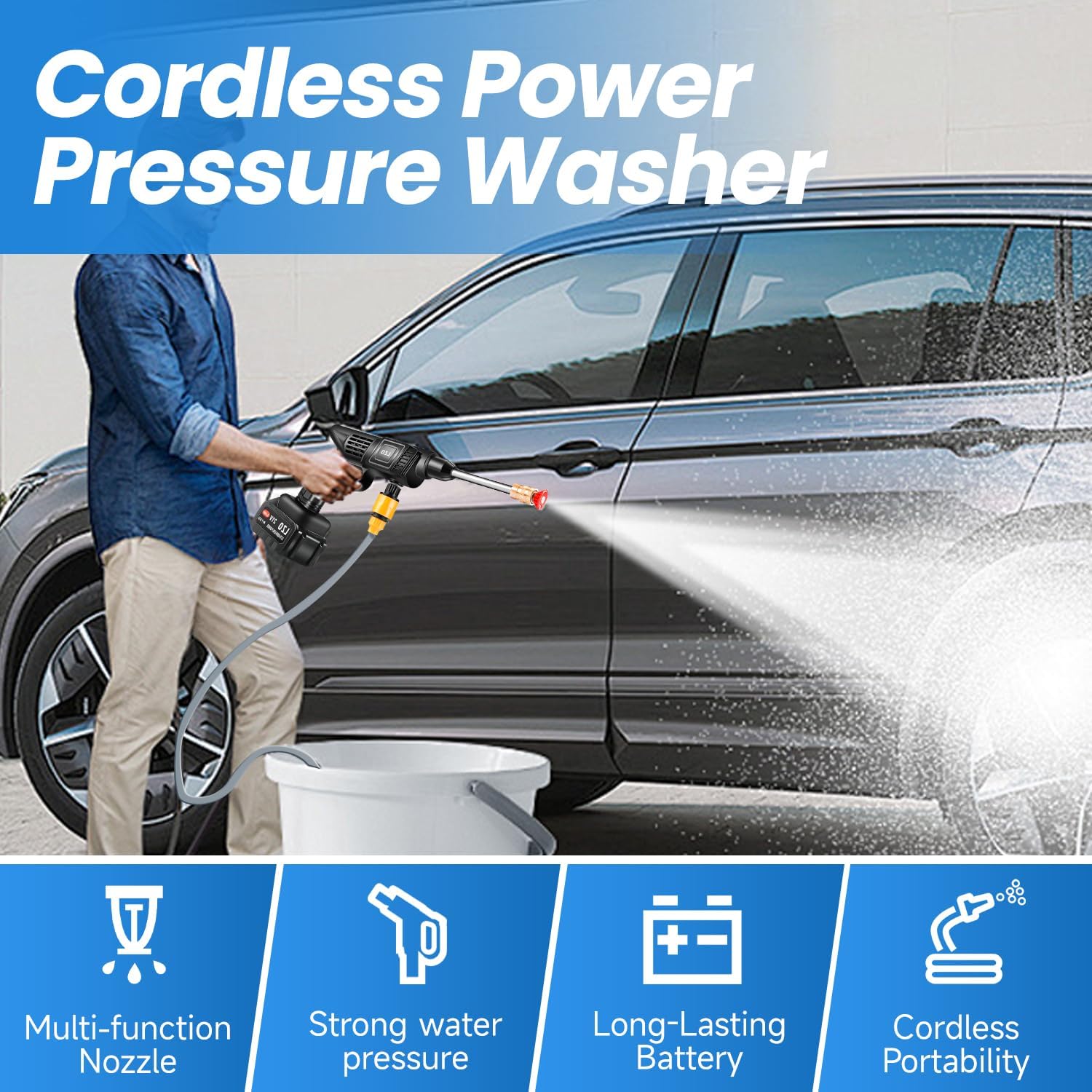 Cordless Pressure Washer 21V x2 batteries , Cordless Power Washer Battery Powered, Portable Pressure Washer w/ 6-in-1 Nozzle, Soap Container, Charger Included