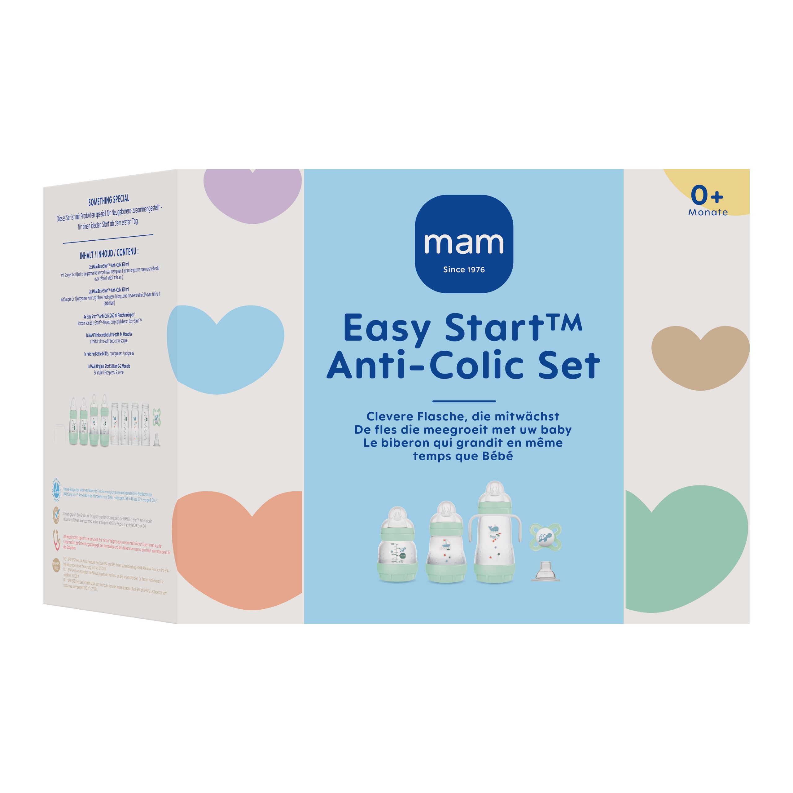 MAM Easy Start Anti-Colic Starter Set con ciuccio, bottiglie e maniglie, set regalo per bambini, dalla nascita, blu