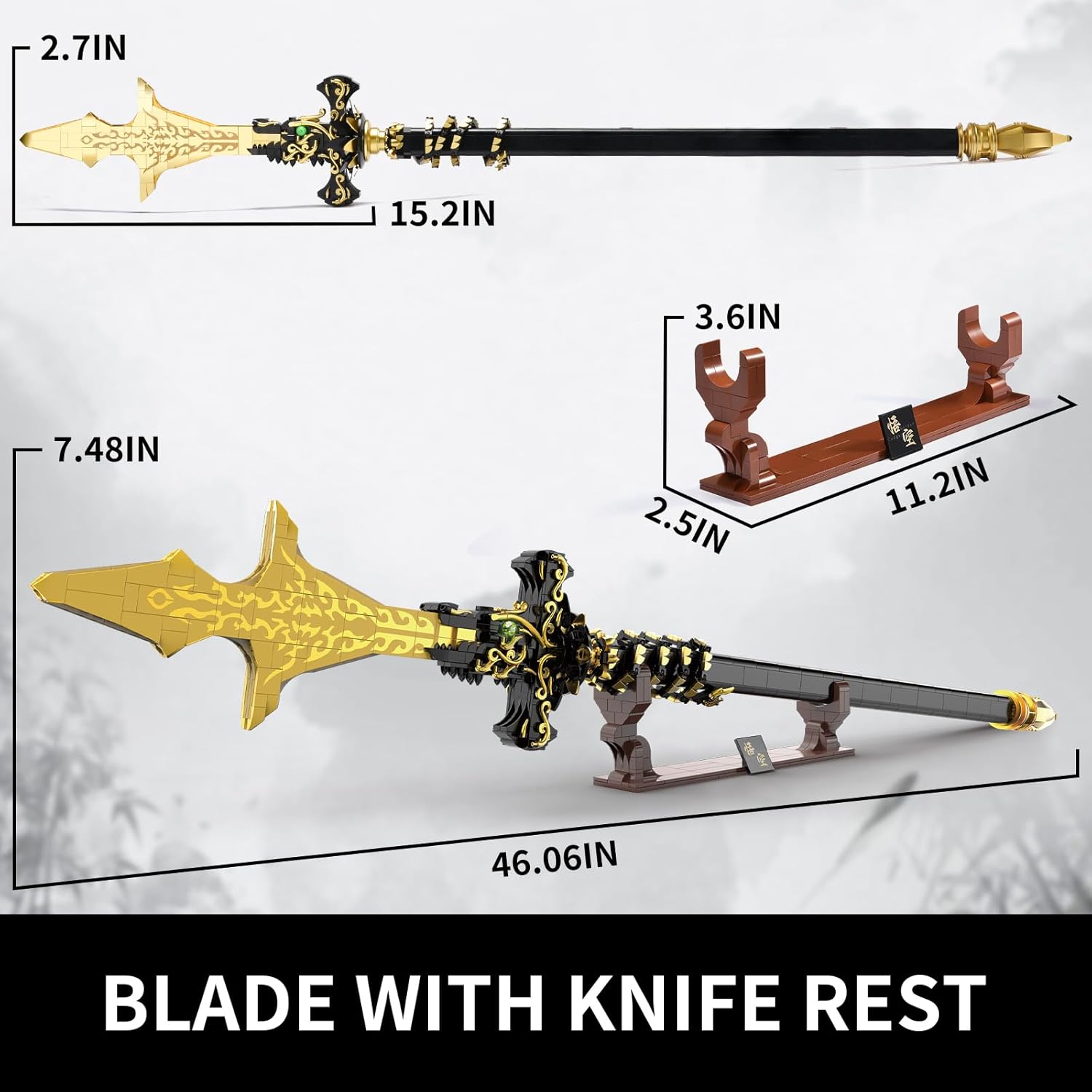 Diagram showing the dimensions of the assembled SATHIBI Demon Swords Long Sword and its display stand.