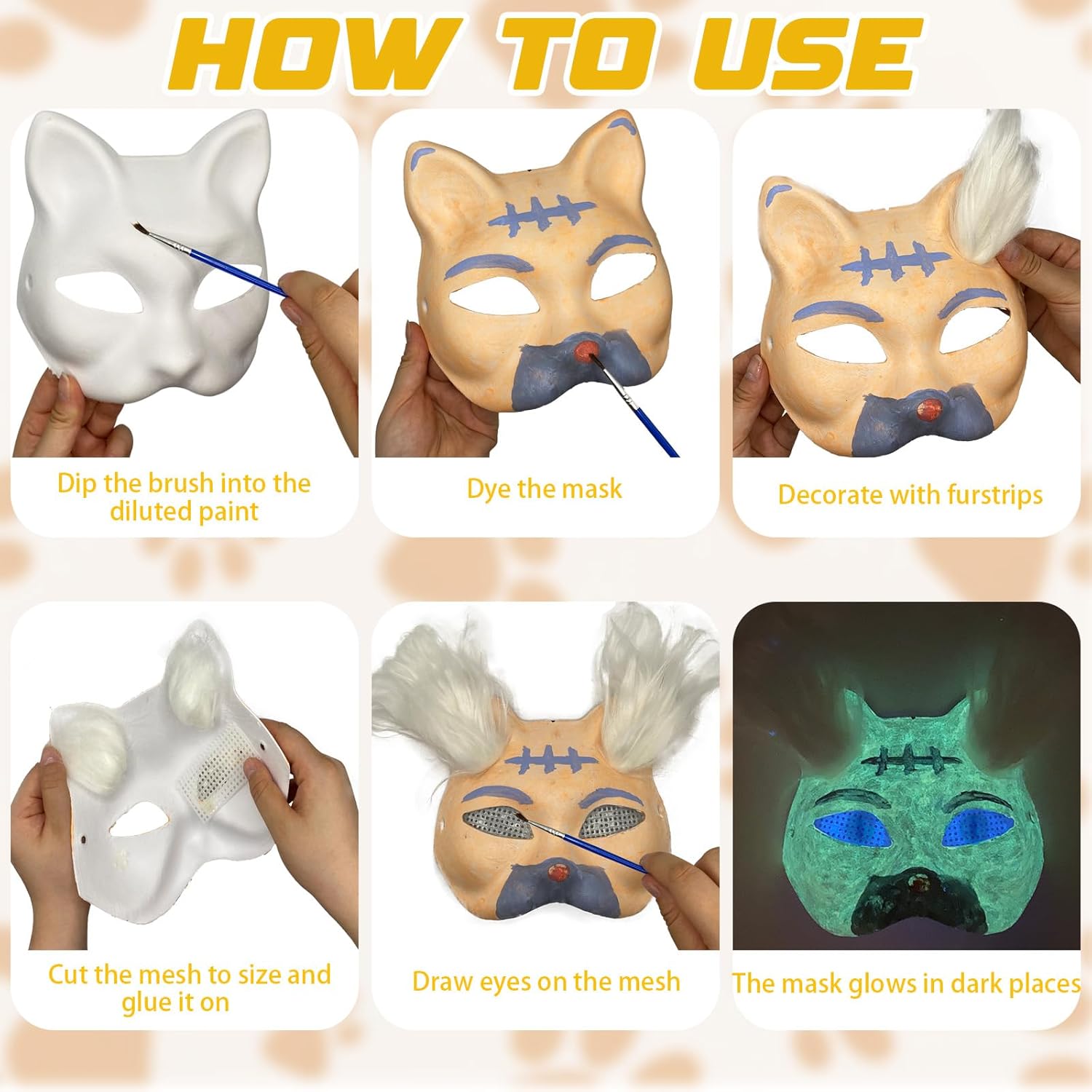 40PCS Paper Therian Mask Bulk Cat Mask Set Includes Blank Cat Mask Plush Faux Fur Fabrics Brushes Plastic Mesh Sheets Glowing Paint and Palette DIY Therian Gear Costume for Halloween Cosplay Party