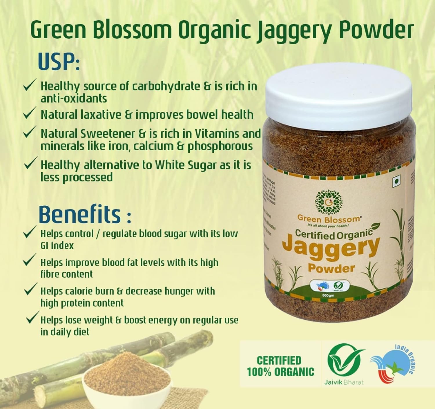 Green Blossom Organic Jaggery Powder | Gur | Gud | Bura - Pure & Natural, Chemical-Free, Pesticide-Free Indian Sweetener | Sugarcane Jaggery for Healthy Living | Family Pack - 500g (Pack of 2) 3