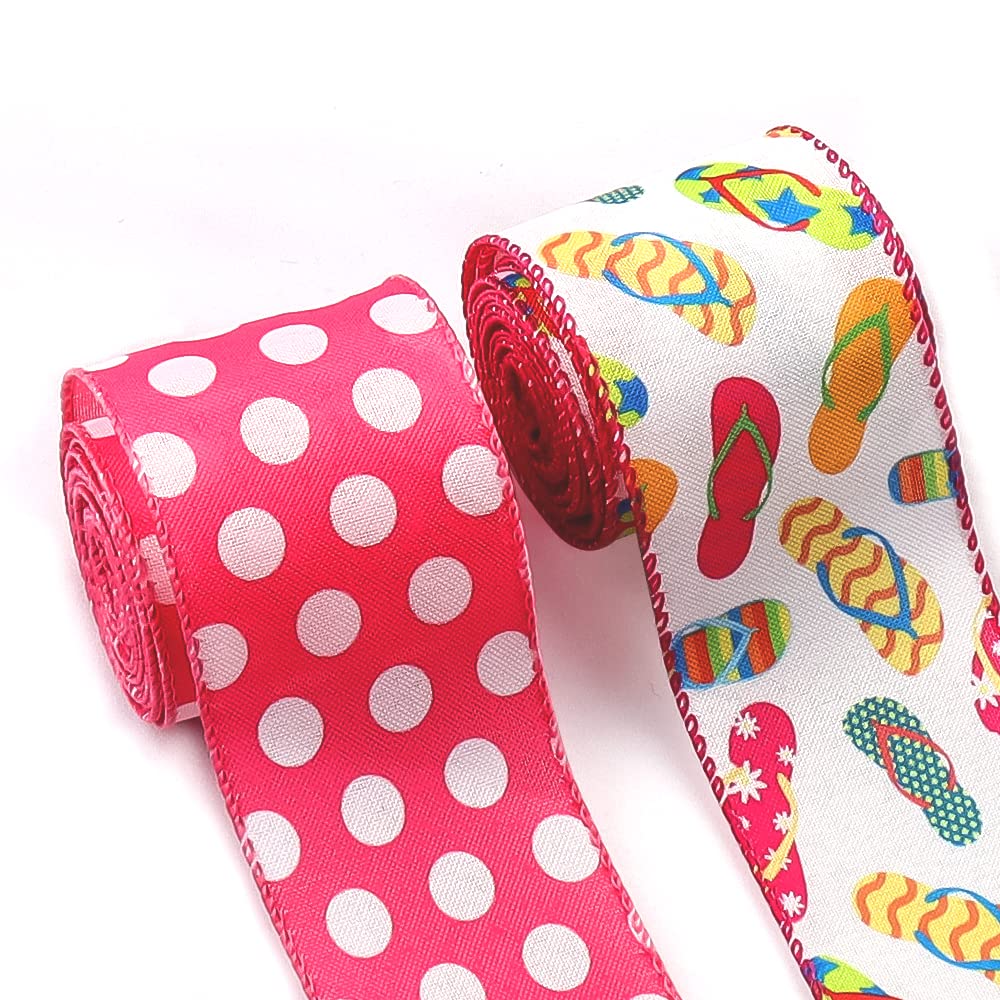 2pcs Summer Fabric Ribbons Slippers Ribbons Rose Red White Dots Spots Decor Ribbon for Party Gift Wrapping Outdoor Hanging Decoration Supplies (2.5