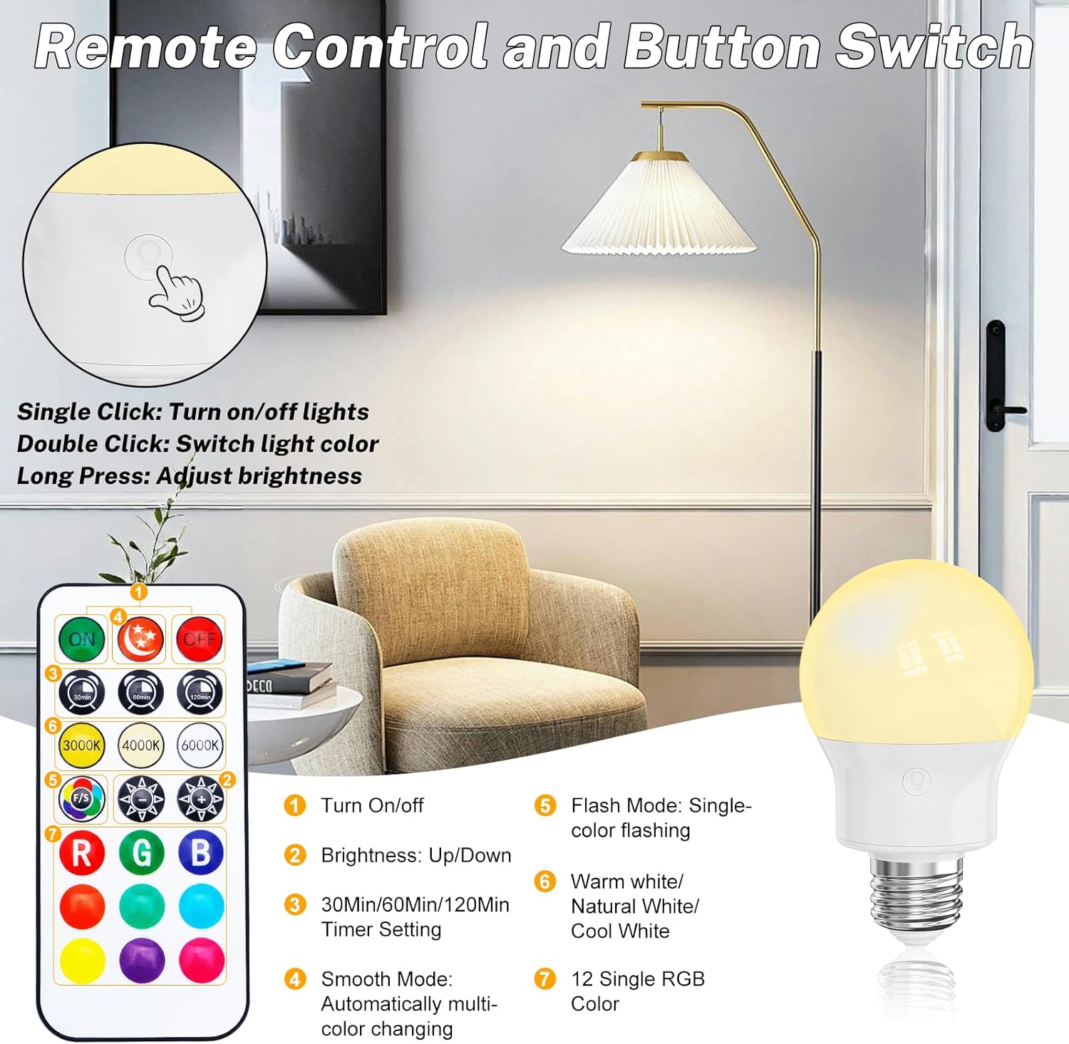 Rechargeable LED Light Bulbs with Remote, Dimmable Magnetic E26 Battery Operated Light Bulb, 12 RGB Colors, 480LM 40W Equivalent, 3 Timer, for Sconces, Lamps Without Power, Camping, Emergency 2 PACK