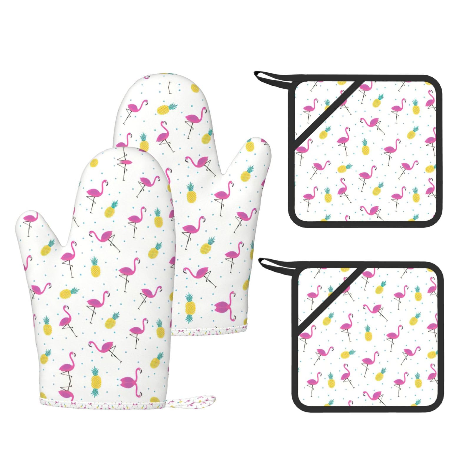 Flamingo and Pineapple Printed Pot Holders and Oven Mitts 4-Piece, Non-Slip Kitchen Gloves with Utensil Pocket for BBQ
