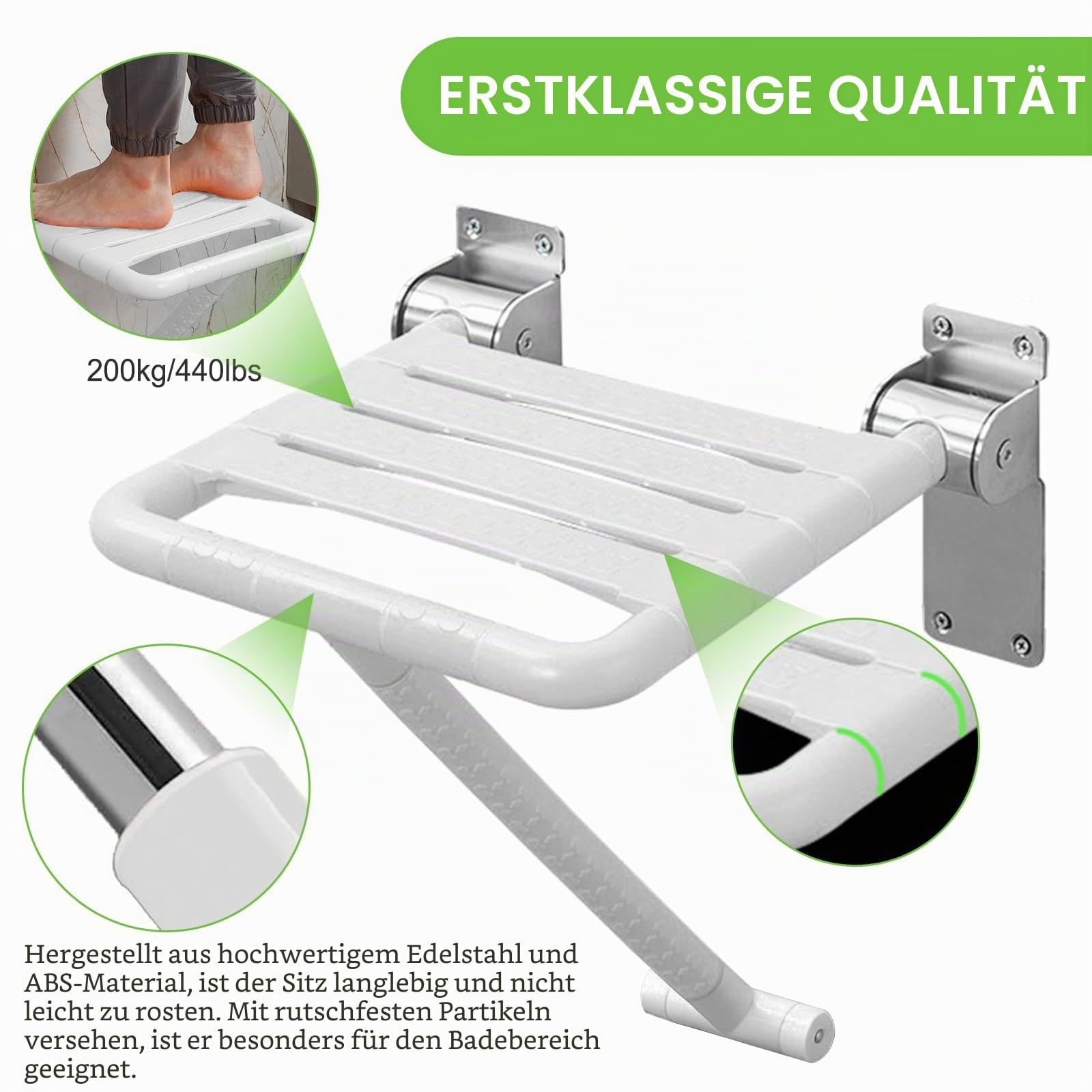 Klappbarer Duschsitz für die Wandmontage, bis 200KG | Klappbarer Rutschfester Duschstuhl Duschsitz Klappbar Wandmontage Duschklappsitz, Duschhocker für Senioren und Erwachsene