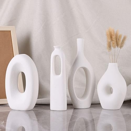 Miniatura 3 de Juego de 4 jarrones de cerámica blanca, jarrones redondos y huecos bohemios para decoración de hierba y flores de las pampas, jarrones pequeños