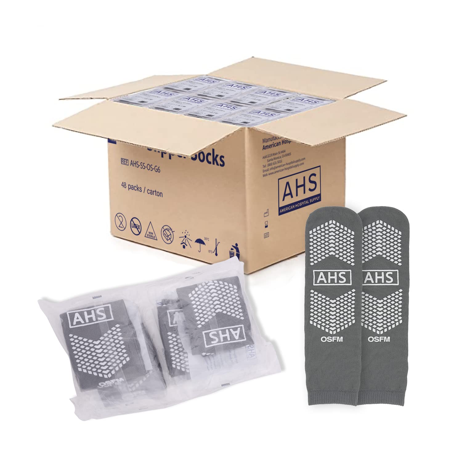 AMERICAN HOSPITAL SUPPLY Grip Socks | Gray One Size Latex-Free Hospital Socks | Double Side Treaded Grippy Socks with Elastic Cuff | Case of 48 Pairs