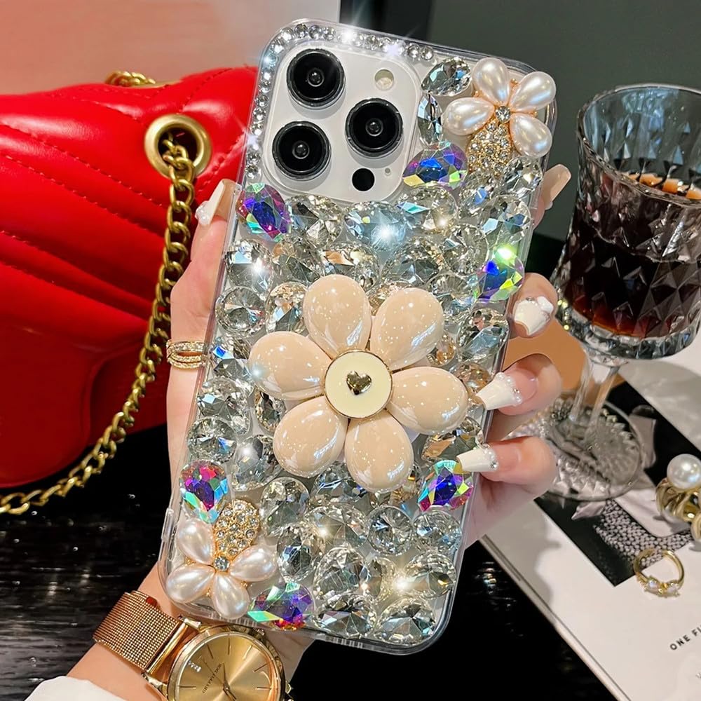 Estuche para teléfono con diseño de Flores Brillantes y Perlas de Agua y Diamantes, Apto para iPhone 15, 14, 13, 12, 11 Pro MAX, XR, XS, X, 7, 8 Plus, Plateado, para iPhone 11 Pro