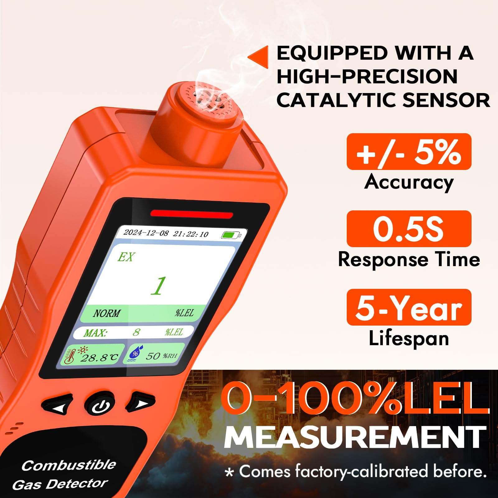 Erdgasdetektor für Zuhause & Industrie, Wiederaufladbarer Erdgaswarngerät Gasmelder 0-100% LEL-Monitor, Erkennt Methan, Propan, Butan, Ethan mit Akustischem/Licht-/Vibrationsalarm