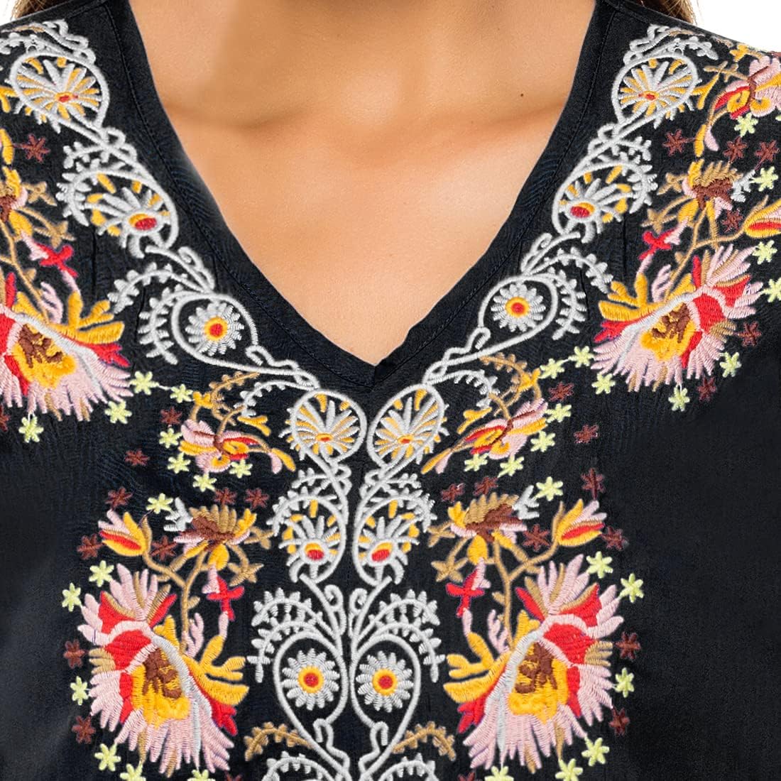 AK Women's Summer V Neck Boho Embroidered Mexican Shirts Short Sleeve Casual Tops Blouse - Image 3