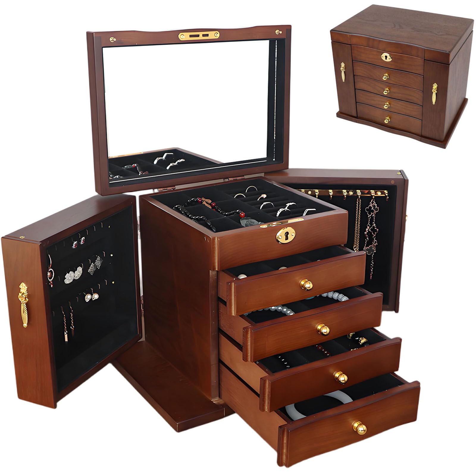 EAmrfvqt Jewellery Box, Multicolor Wooden Jewelry Box 5 Layer with 4 Drawe, Lock and Mirror for Necklaces(C)