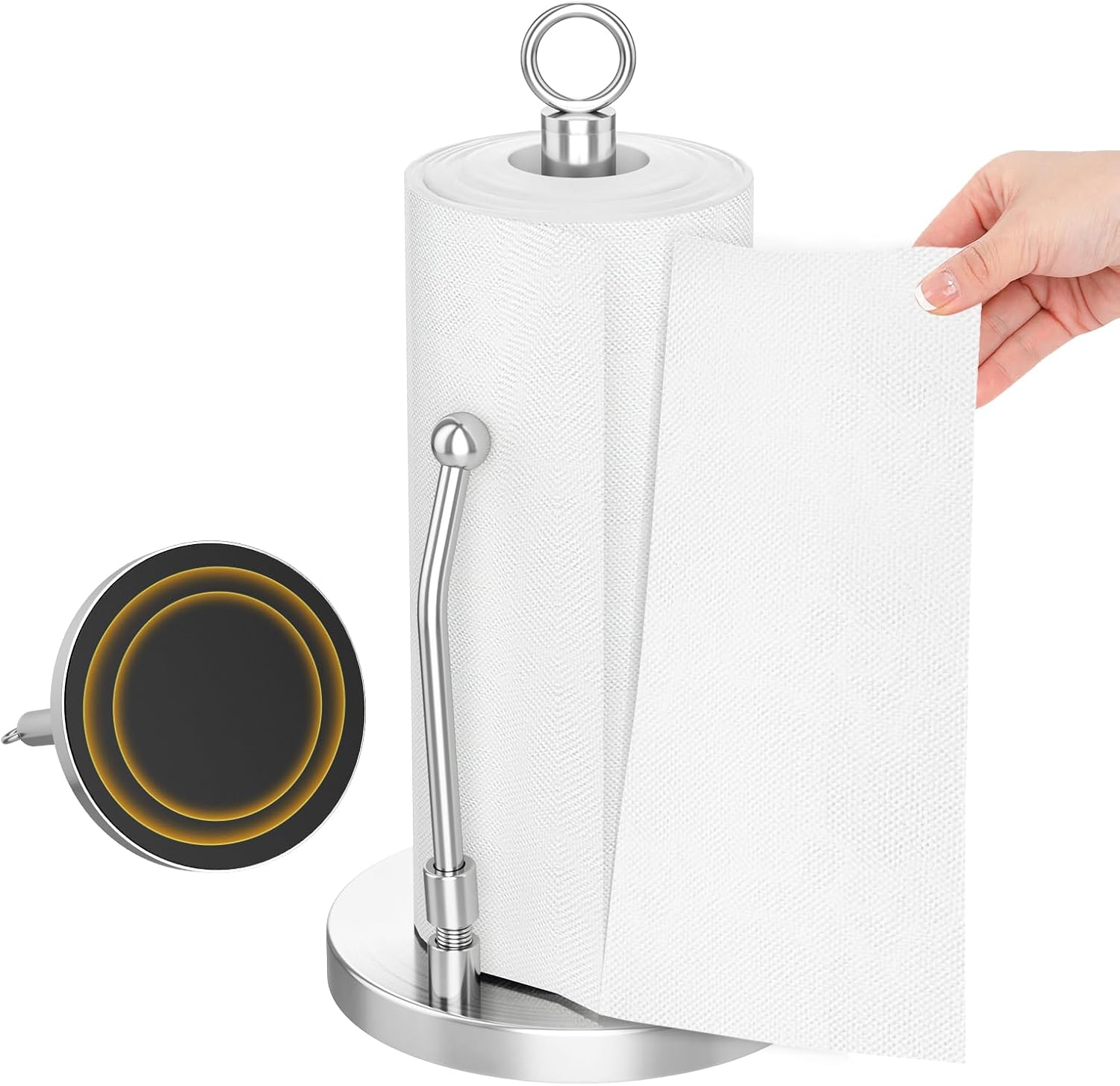 Paper Towel Holder Stainless Steel - One Hand Tear Paper Towel Dispenser Standing Weighted Base Non Slip, Spring Arm, Stainless Steel Paper Towel fits in Kitchen Bathroom Countertop (Silver)