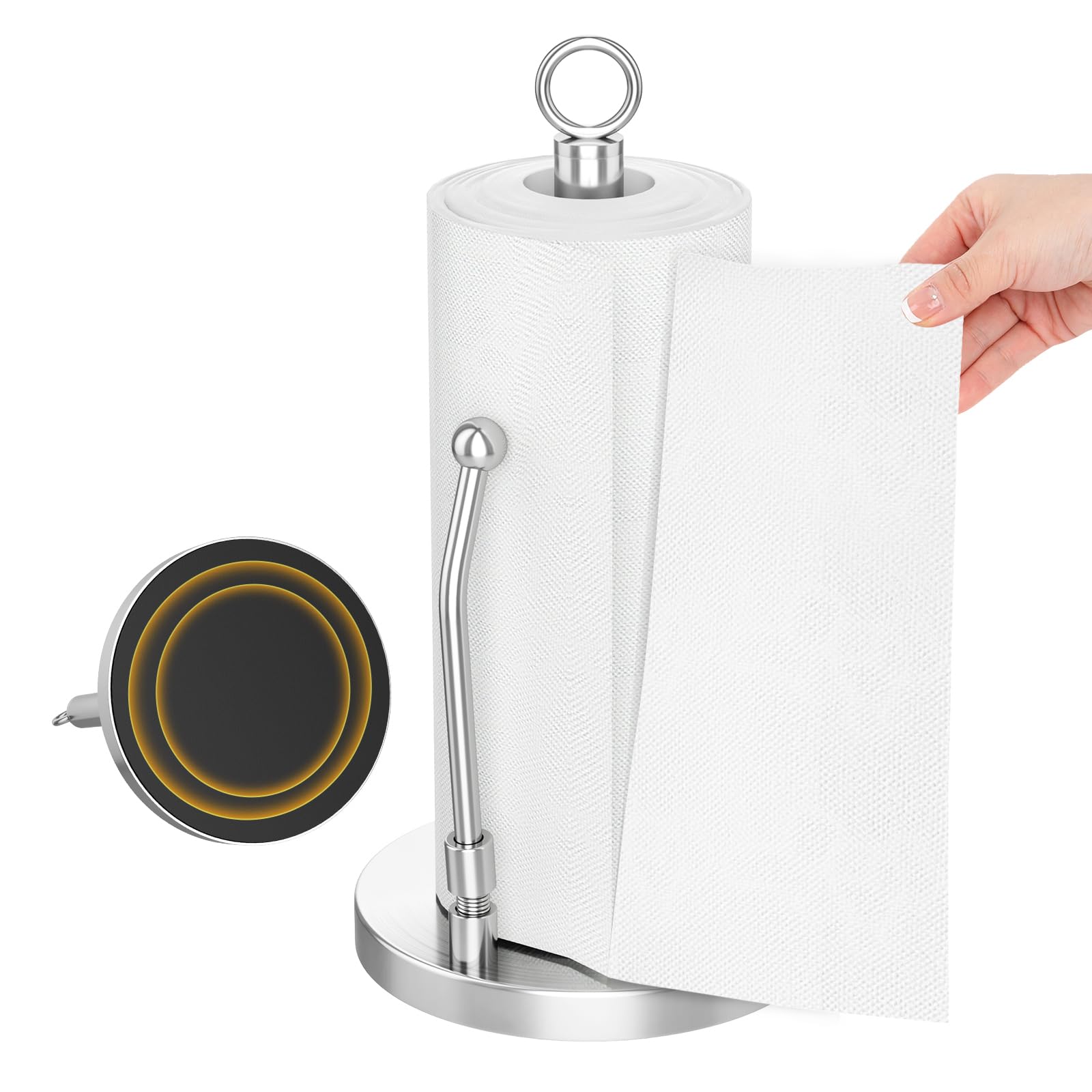 Paper Towel Holder Stainless Steel One Hand Tear Paper Towel Dispenser  Standing Weighted Base Non Slip, Spring Arm, Stainless Steel Paper Towel  fits