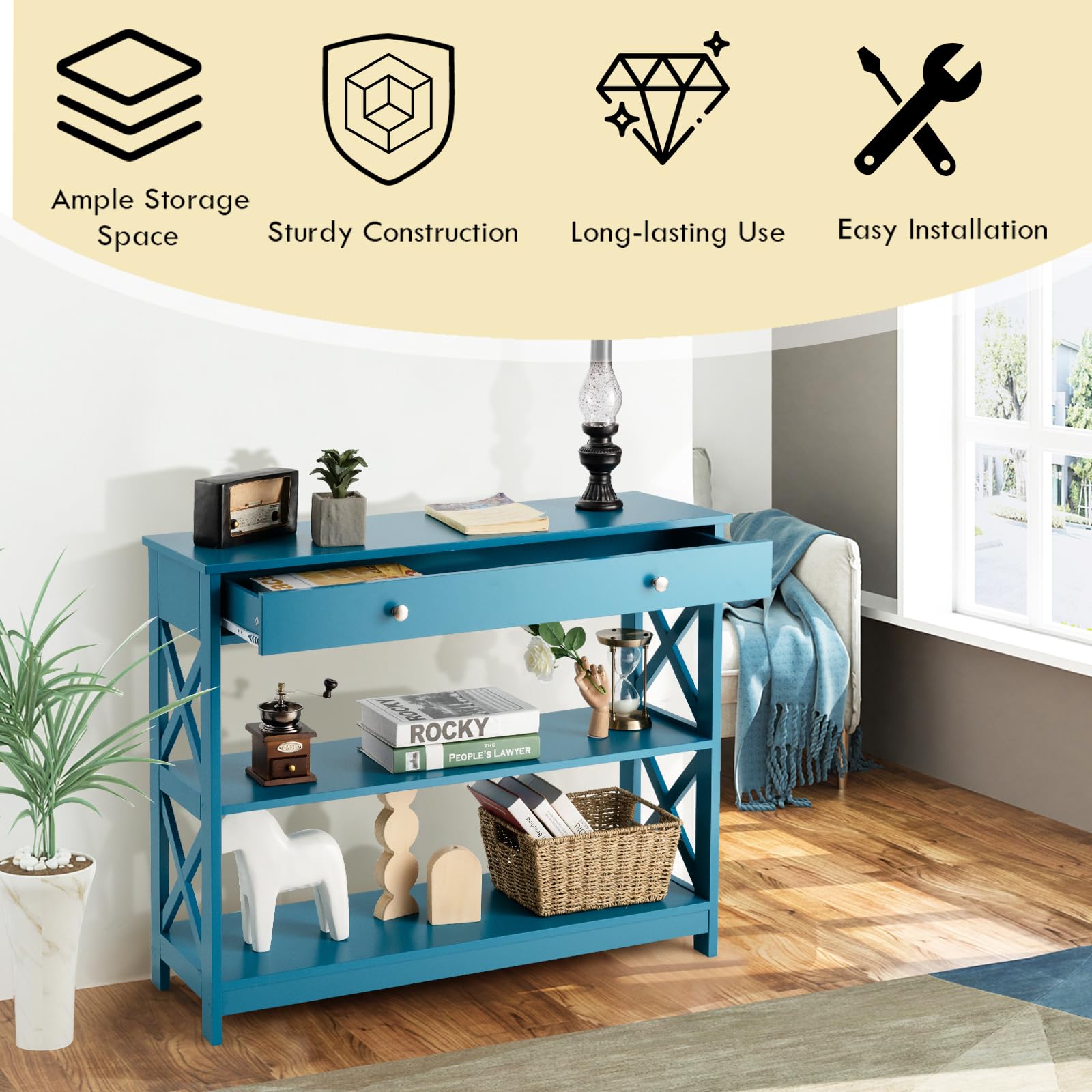 GIANTEX Tavolo Consolle Legno, a 3 Ripiani, Stretto e Compatto, Cassetto con Manico, Console per Soggiorno, Salotto, Ingresso, Portata di 60 kg, 120x30x81cm, 3 Colori (Grigio