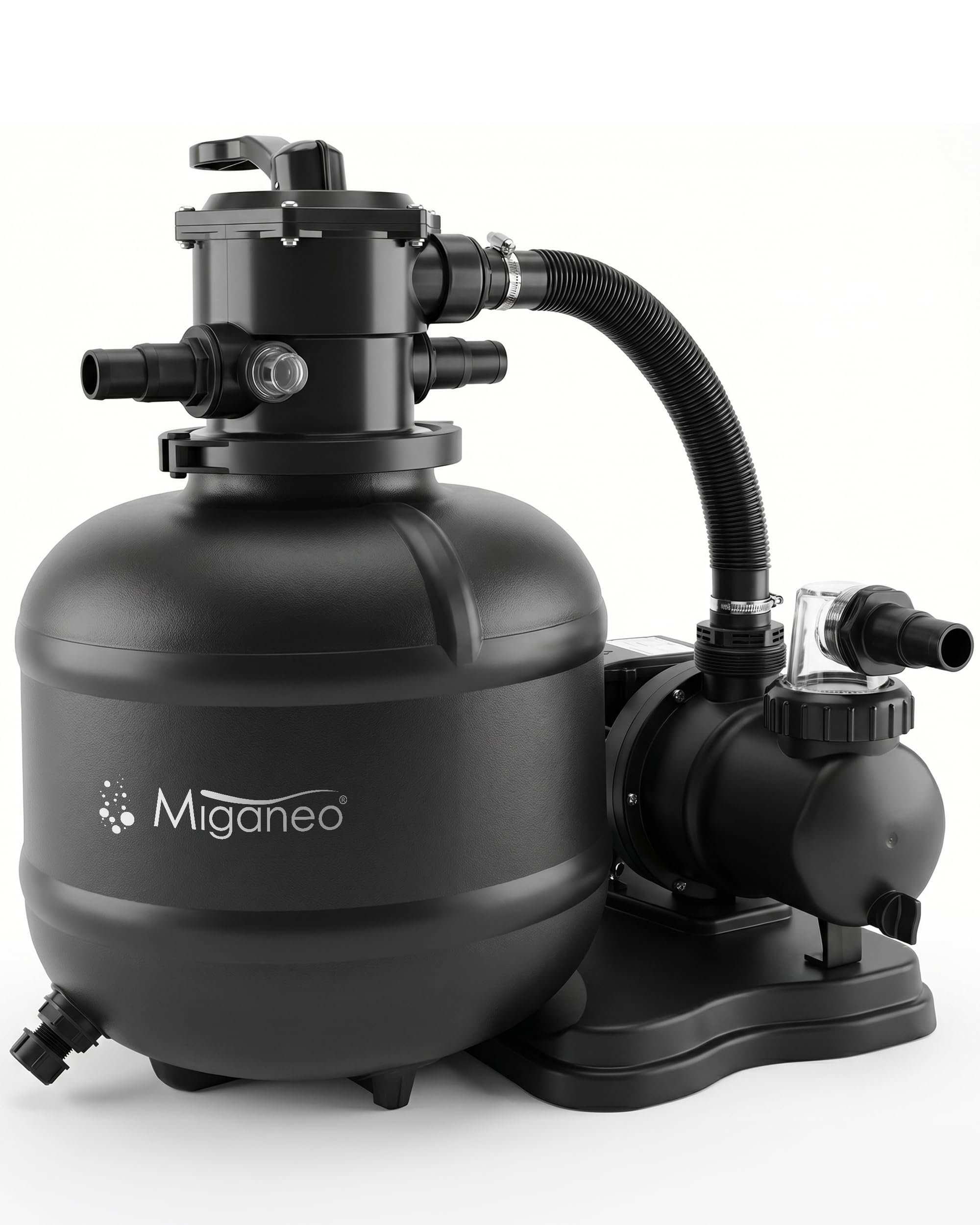 Miganeo Filtro a Sabbia Dynamic 8000 Pro - Nero | 8000 l/h | Sistema di filtraggio per piscine | Serbatoio 370 mm | autosucchiante