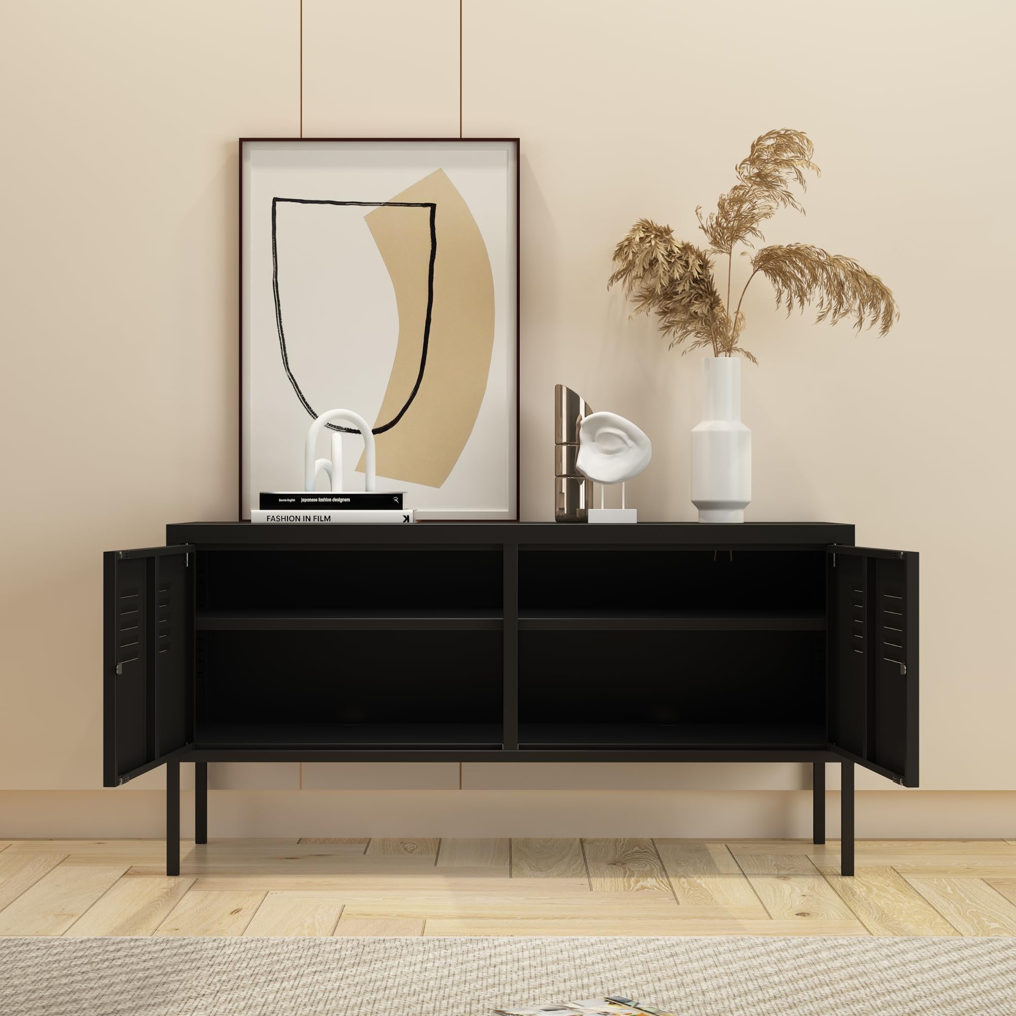 [en.casa] Armadietto in Acciaio Mobile Basso per Archivio con Scomparti Interni 2 Ante con Chiusura a Chiave Armadietto Multiuso per Ufficio Soggiorno 118 x 40 x 60 cm Nero