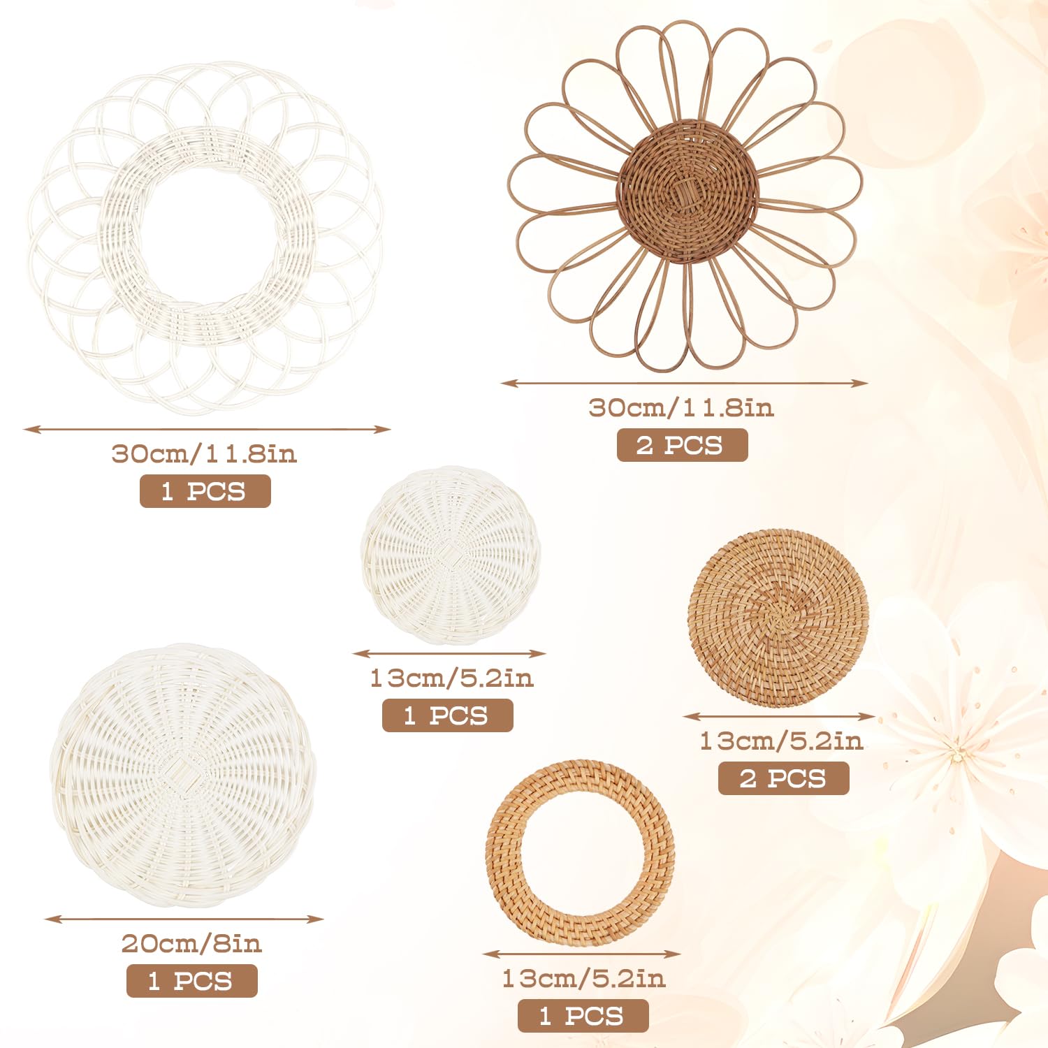 YIYA Set of 8 Boho Wall Decor Rattan Flower Wall Basket Decor Round Hand Woven Rattan Wall Art for Handmade Wall Art For Living Rooms Farmhouse Living Rooms Nursery