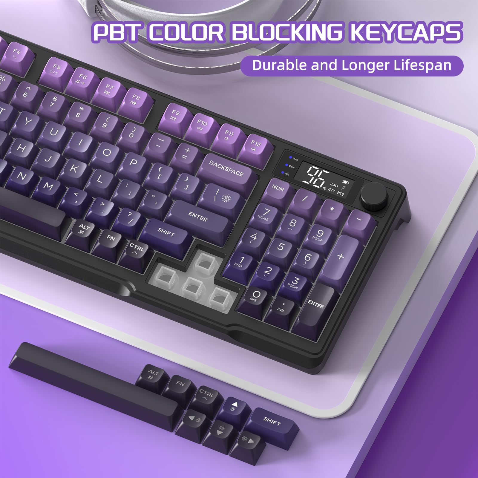 FREEWOLF M96 Tastiera Da Gioco Wireless, Controllo Tramite Manopola Bluetooth/Tastiera Meccanica Wireless 2.4G, Retroilluminazione a LED con Schermo, Copritasto PBT, 3000mAh, QWERTY - Sfumatura Viola