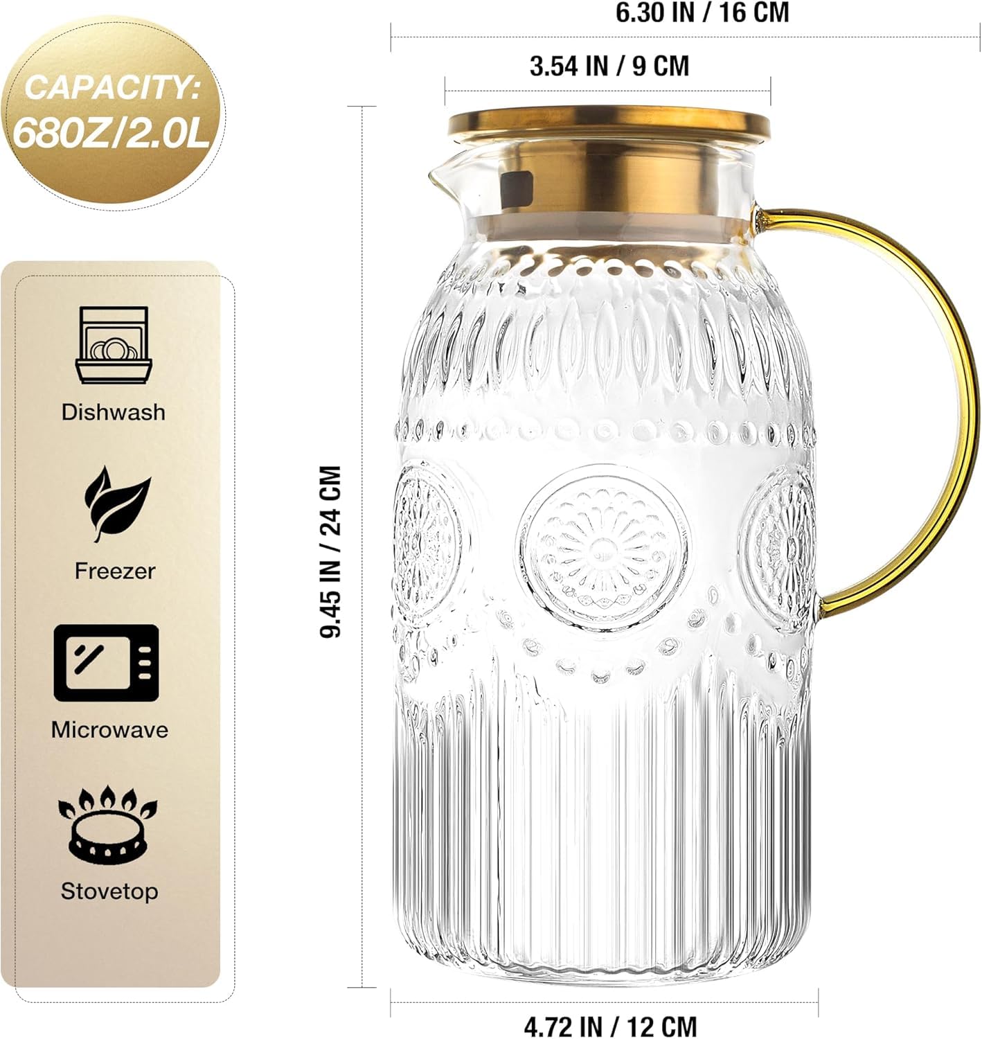 2 Litres Carafe en Verre, Pichet en Verre avec Acier Inoxydable Couvercle Bec Verseur Anti-Fuites, Résistante à la Chaleur Carafe Eau pour Chaude Boisson Maison Vin de Service Thé Glacé