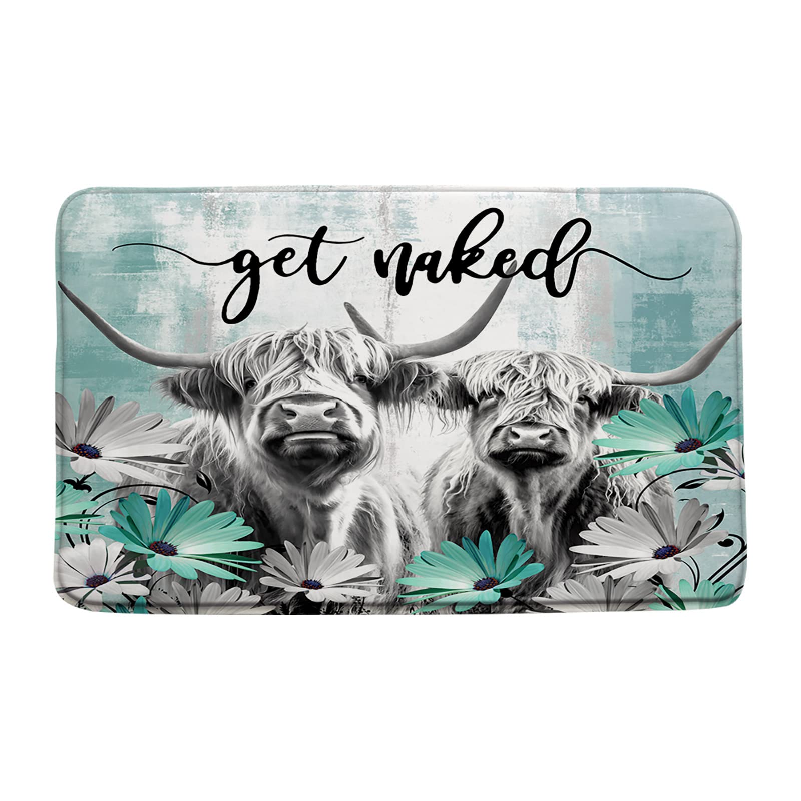 Farmhouse Highland Cow Bath Mat Get Naked Western Funny Farm Animal Portrait of Longhorn Bull Teal Daisy Flower Rustic 24